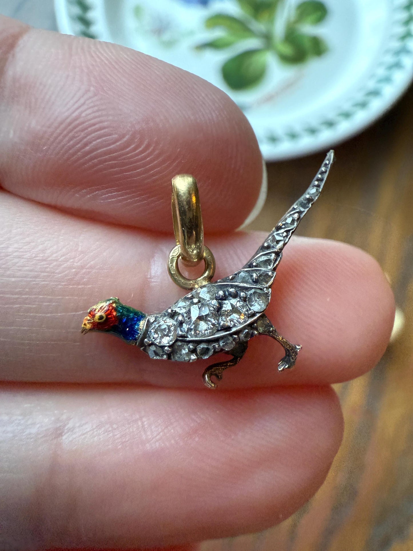 PHEASANT named Steve Standing Antique Victorian 14k Gold Figural Pendant Red Yellow Enamel Rose Cut Diamond Necklace