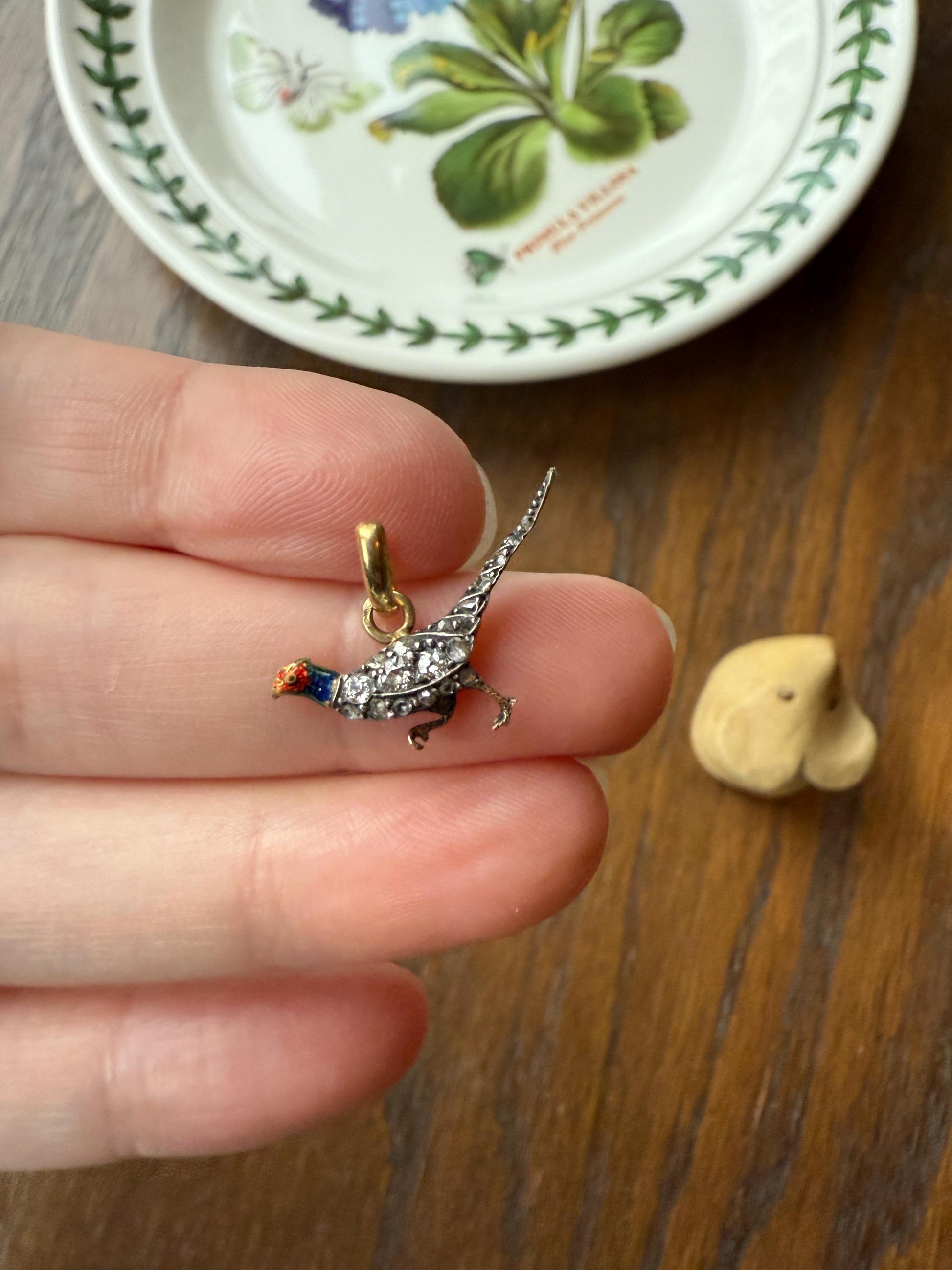 PHEASANT named Steve Standing Antique Victorian 14k Gold Figural Pendant Red Yellow Enamel Rose Cut Diamond Necklace