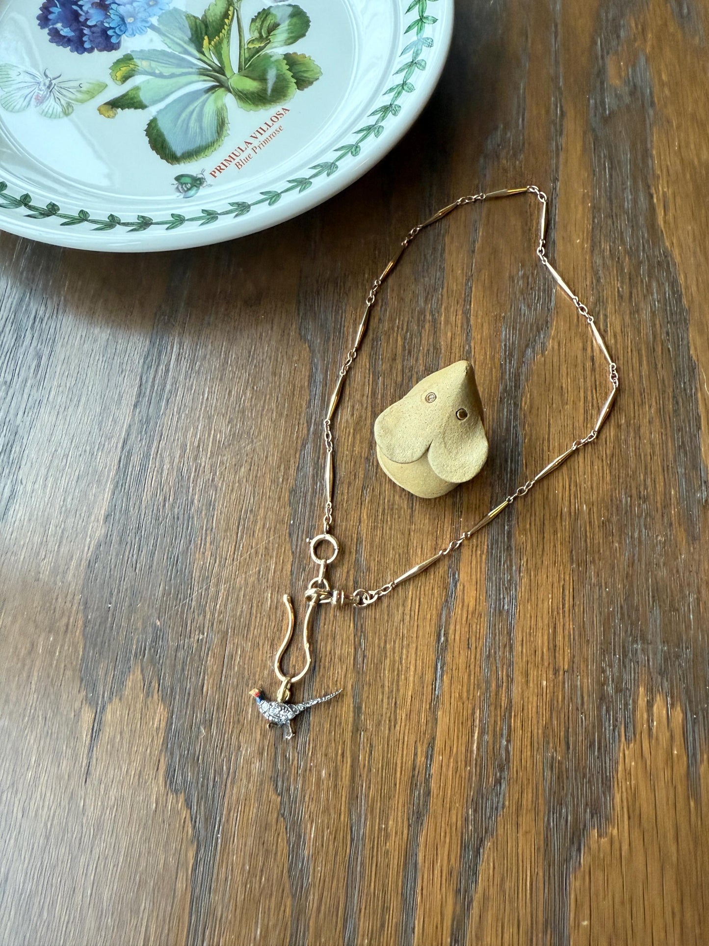 PHEASANT named Steve Standing Antique Victorian 14k Gold Figural Pendant Red Yellow Enamel Rose Cut Diamond Necklace