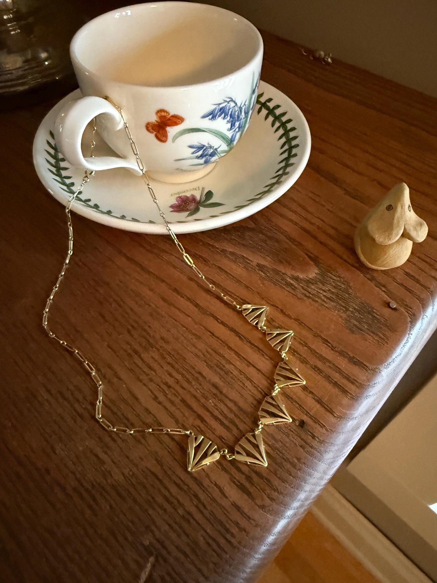 Fan Geometric French Antique 7.2g 18k Gold Necklace Drapery Paperclip Chain Collar Pendant Figural Architectural Geometric Fanned