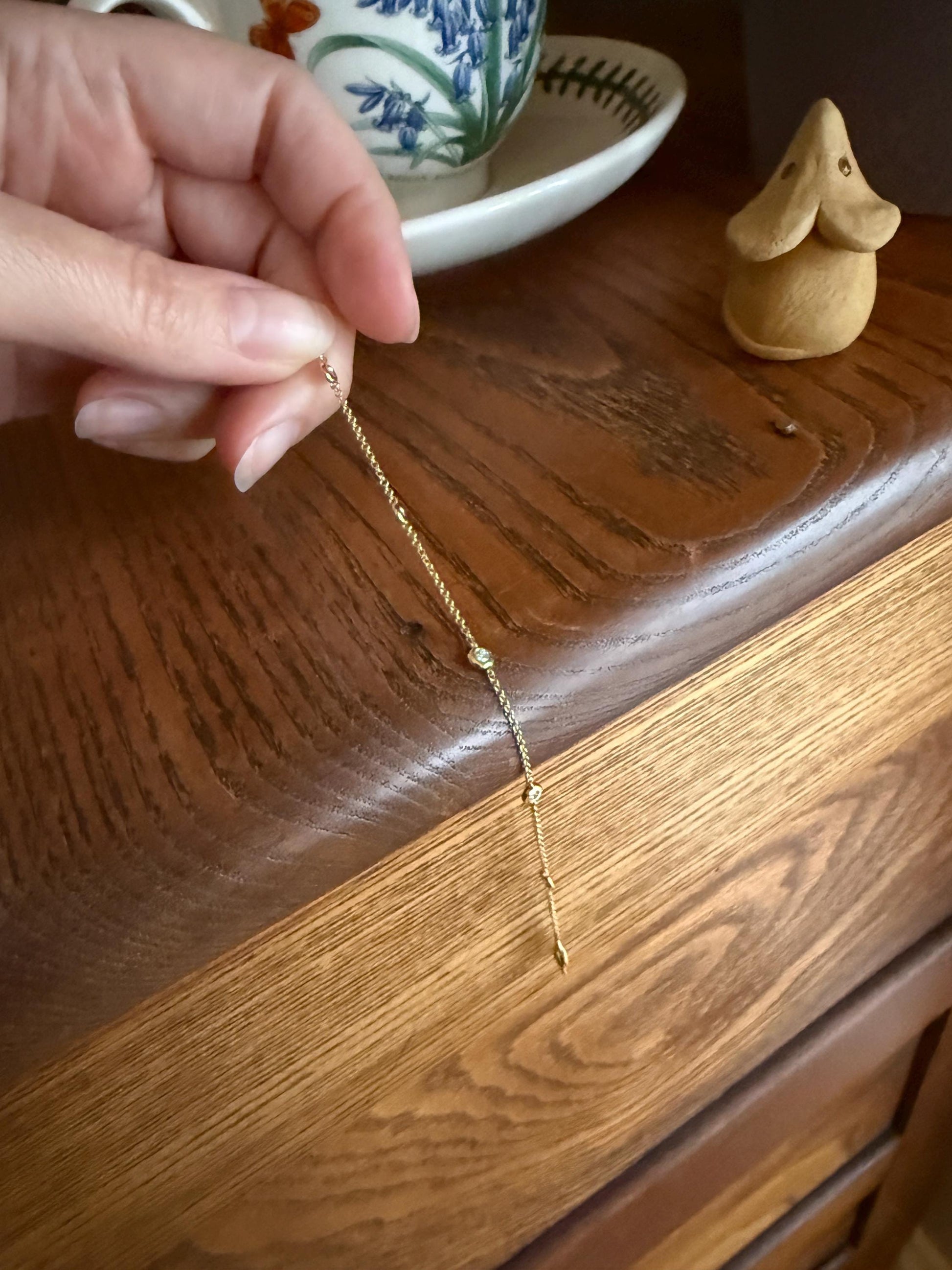 Minimalist Diamond Dainty Station Chain BRACELET 14k Gold Vintage Bezel Set Five Stone Wriststack Geometric Romantic Gift Adjustable