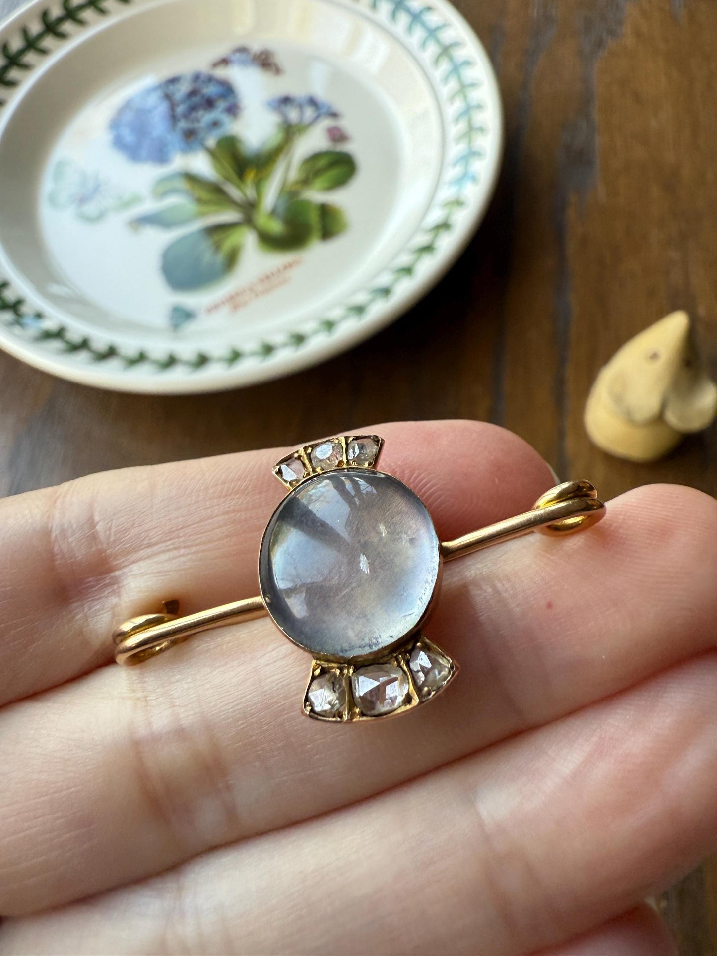 Blue MOONSTONE Victorian Antique Rose Cut DIAMOND Candy Brooch 14k Gold Extender Connector Pendant Safety Pin Charm Holder Glowing Orb