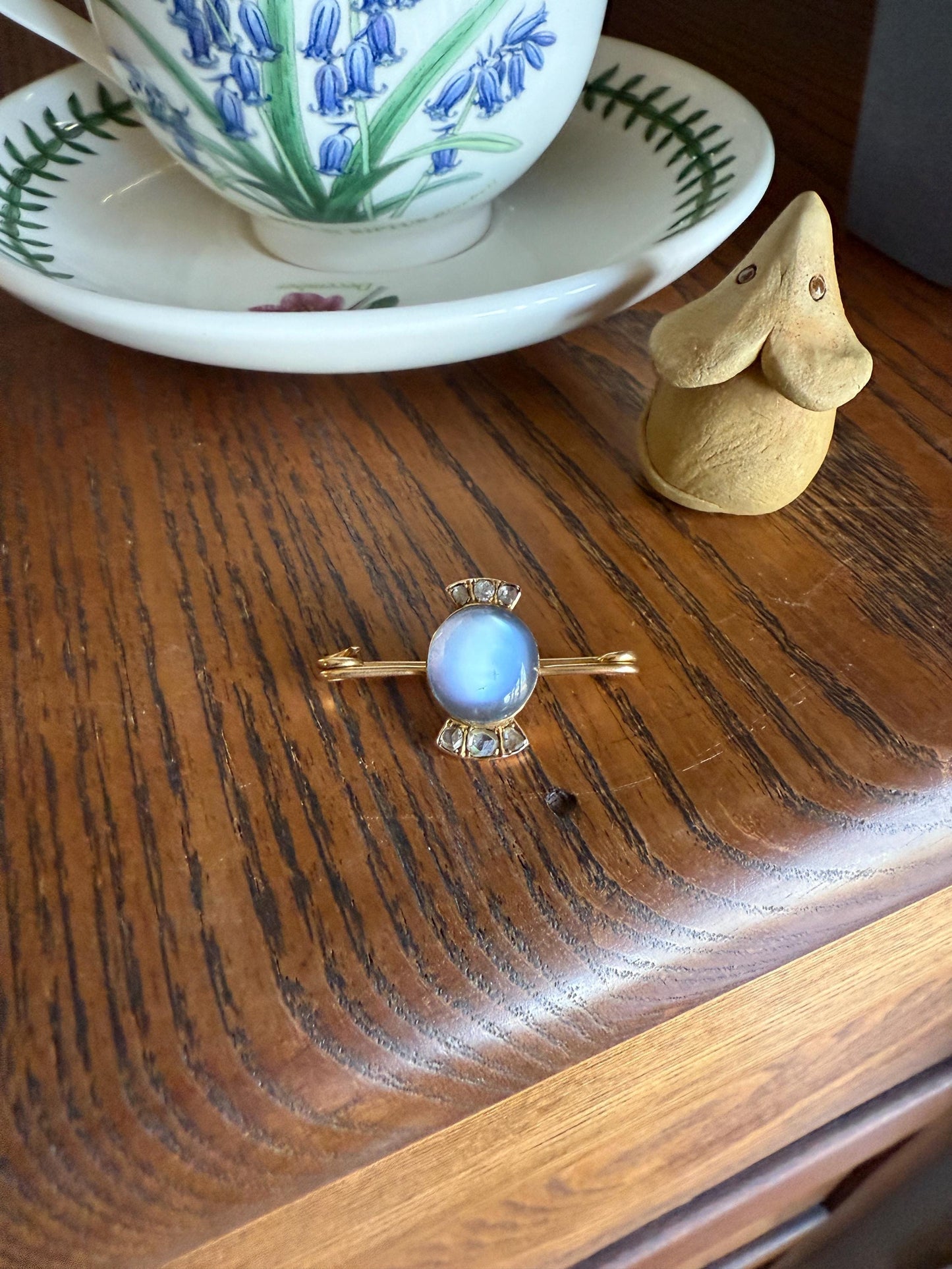 Blue MOONSTONE Victorian Antique Rose Cut DIAMOND Candy Brooch 14k Gold Extender Connector Pendant Safety Pin Charm Holder Glowing Orb