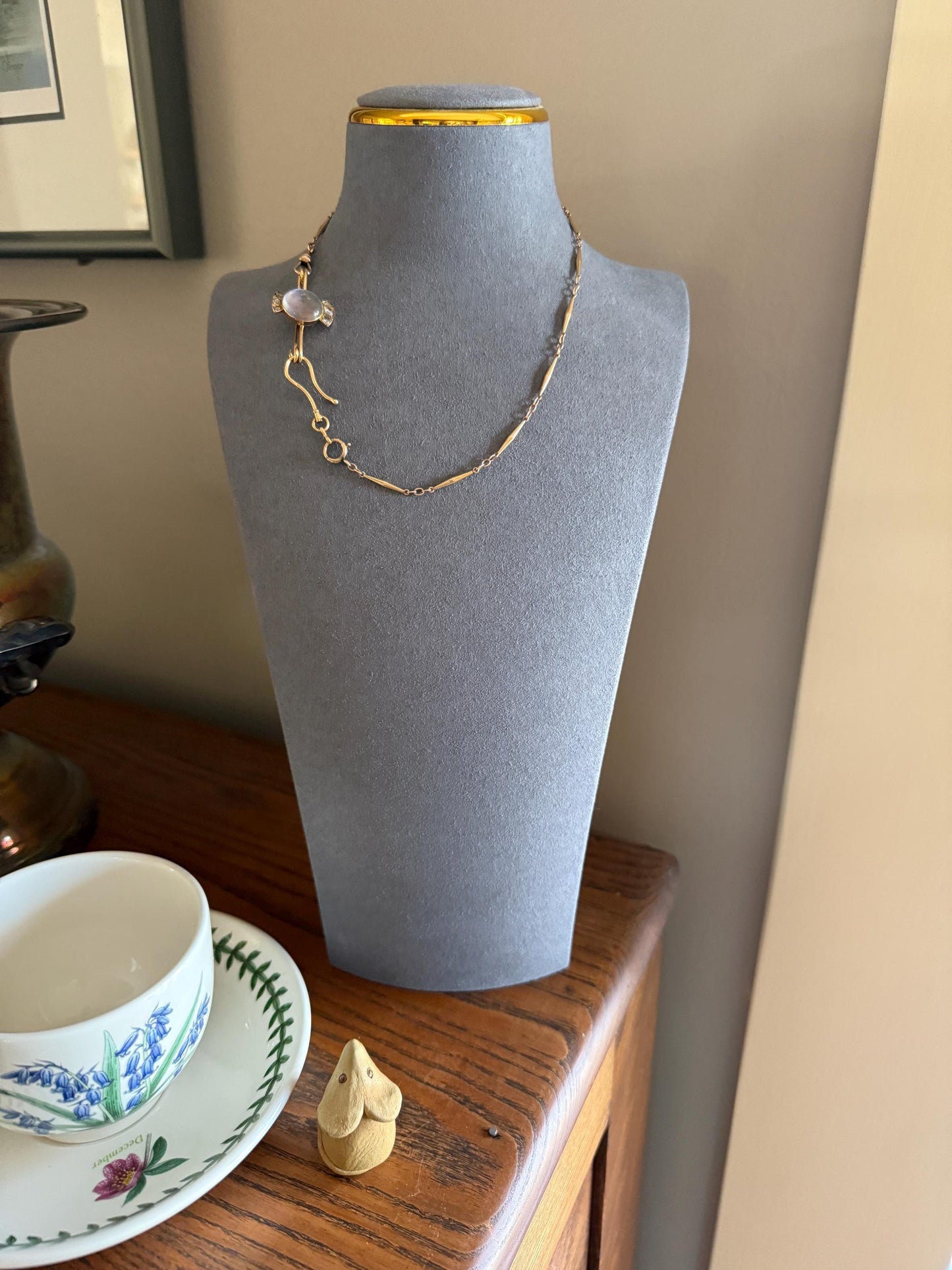 Blue MOONSTONE Victorian Antique Rose Cut DIAMOND Candy Brooch 14k Gold Extender Connector Pendant Safety Pin Charm Holder Glowing Orb