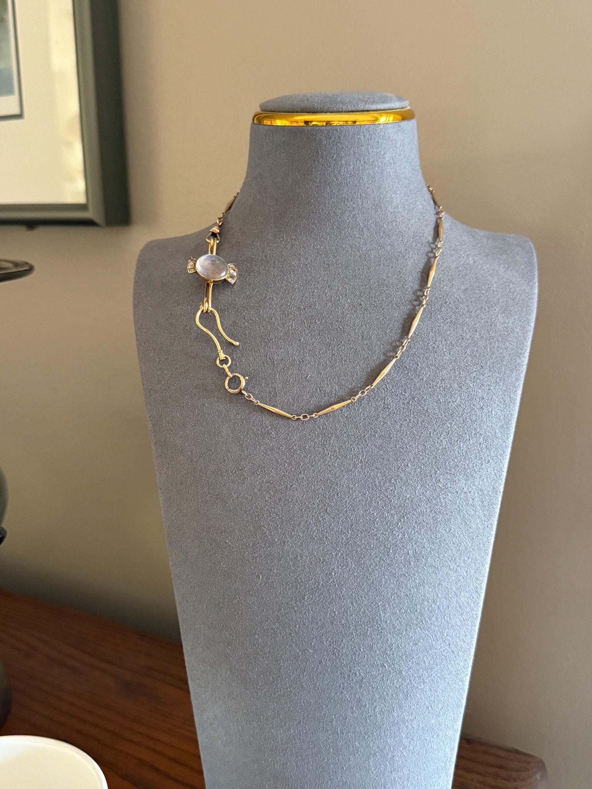 Blue MOONSTONE Victorian Antique Rose Cut DIAMOND Candy Brooch 14k Gold Extender Connector Pendant Safety Pin Charm Holder Glowing Orb