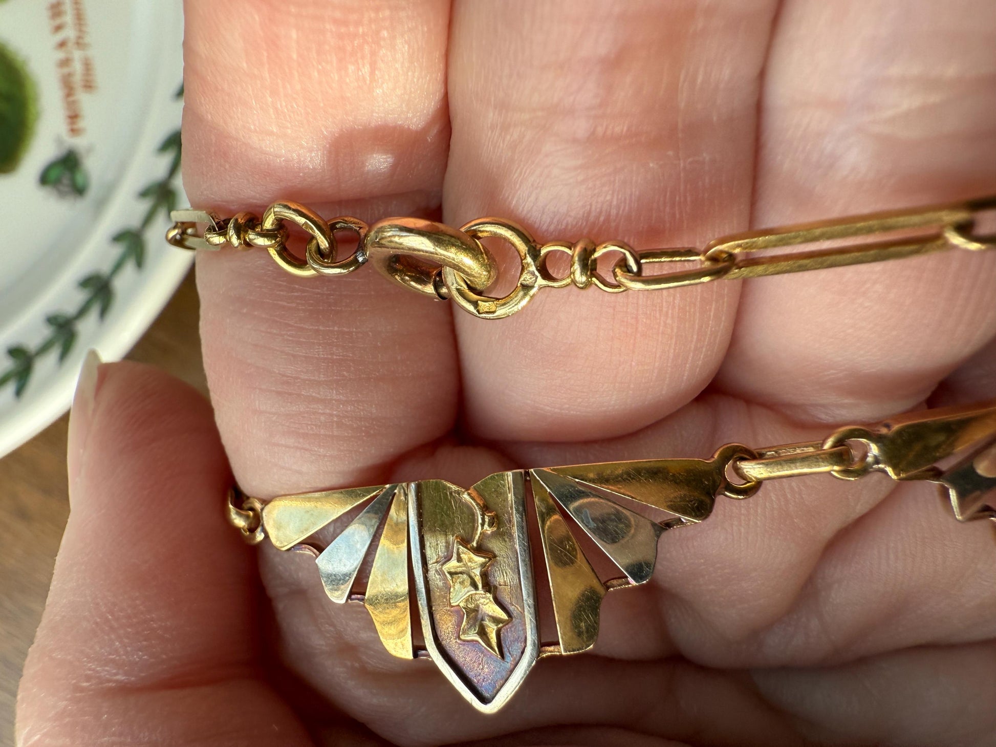 IVY French Art Deco Antique 12g 18k Gold Two Tone Necklace Drapery Paperclip Chain Collar Fan Pendant Figural Architectural Geometric Fanned