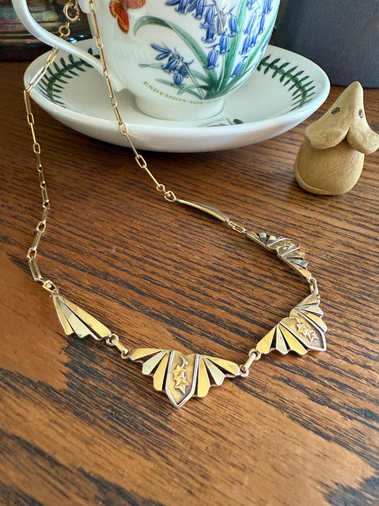 IVY French Art Deco Antique 12g 18k Gold Two Tone Necklace Drapery Paperclip Chain Collar Fan Pendant Figural Architectural Geometric Fanned