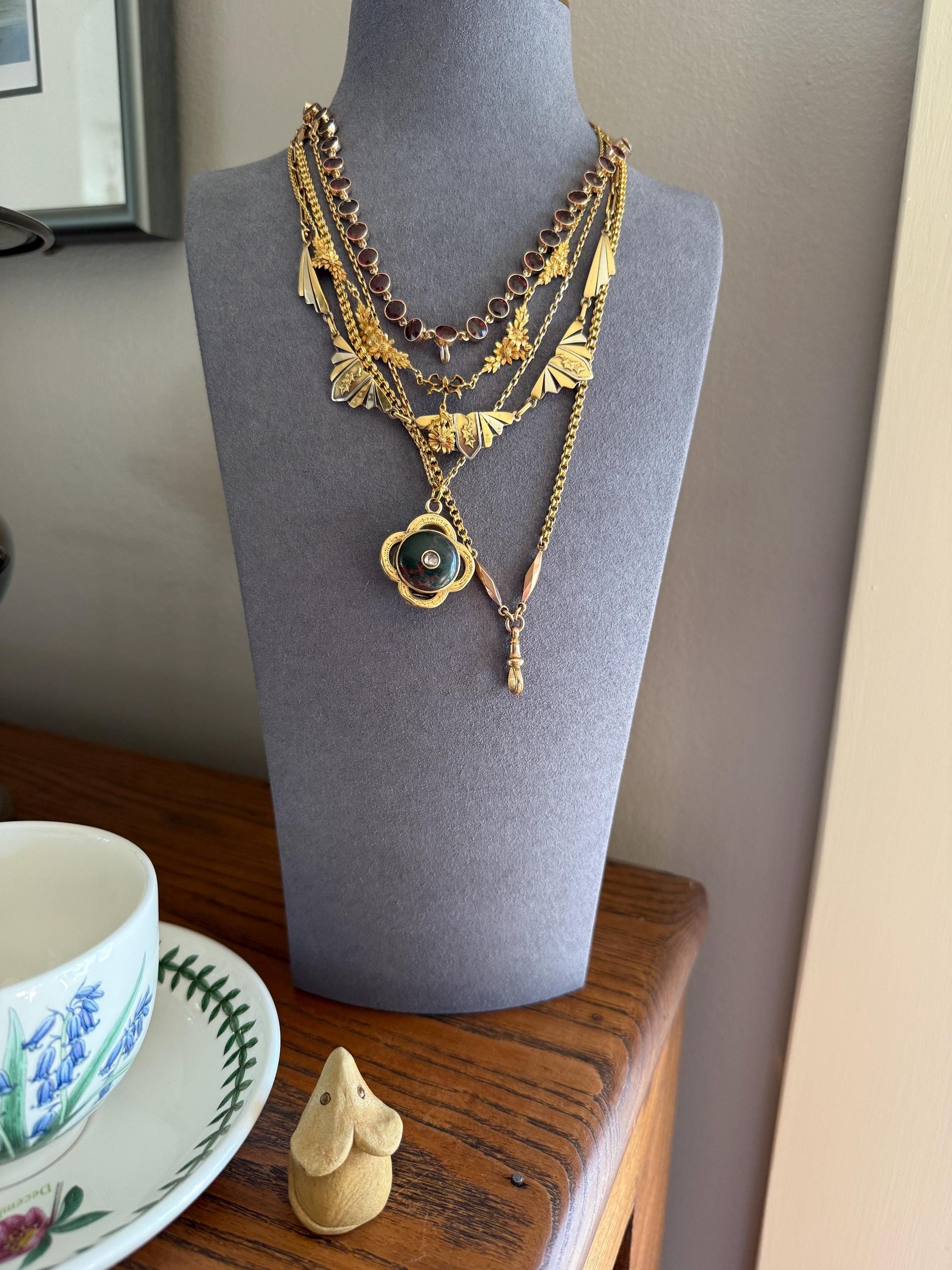 Victorian Antique Ribbed Box Chain Faceted Marquise Spacers Dog Clip Fob Pendant Holder Necklace Rose & Yellow 9k Gold Solid 18k Clasp