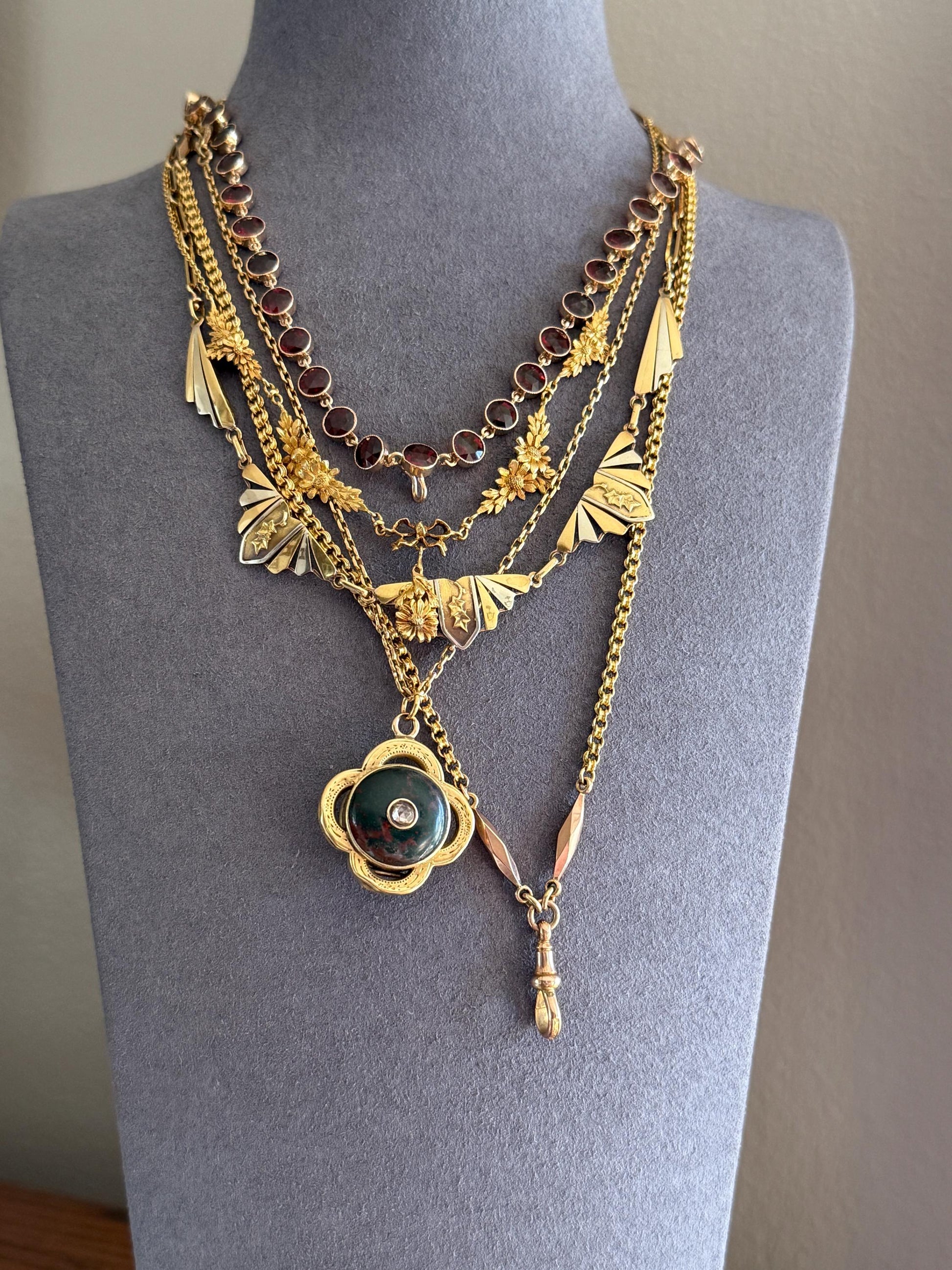 Victorian Antique Ribbed Box Chain Faceted Marquise Spacers Dog Clip Fob Pendant Holder Necklace Rose & Yellow 9k Gold Solid 18k Clasp