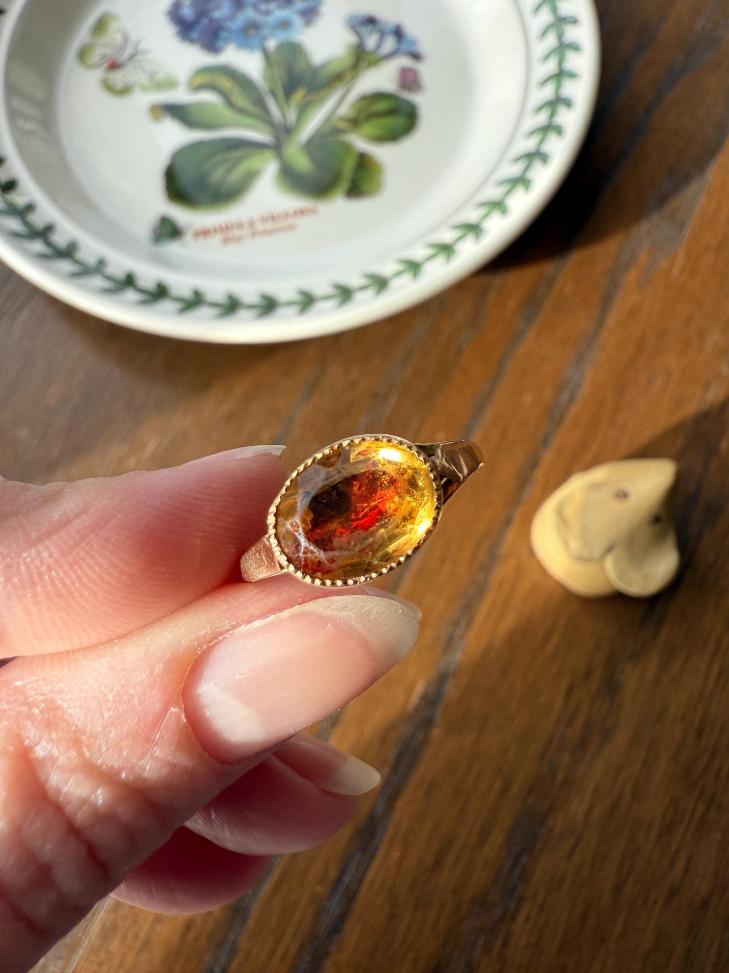 Original French Victorian Era Citrine East West Solitaire Ring 18k Gold Yellow "Vinegar & Oil" Red Foil Domed Back Unique Color Bezel Set