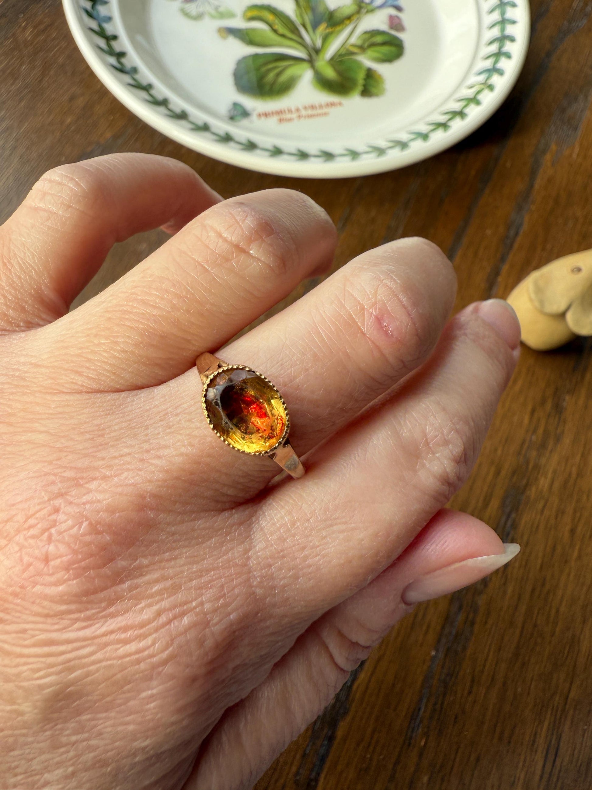 Original French Victorian Era Citrine East West Solitaire Ring 18k Gold Yellow "Vinegar & Oil" Red Foil Domed Back Unique Color Bezel Set