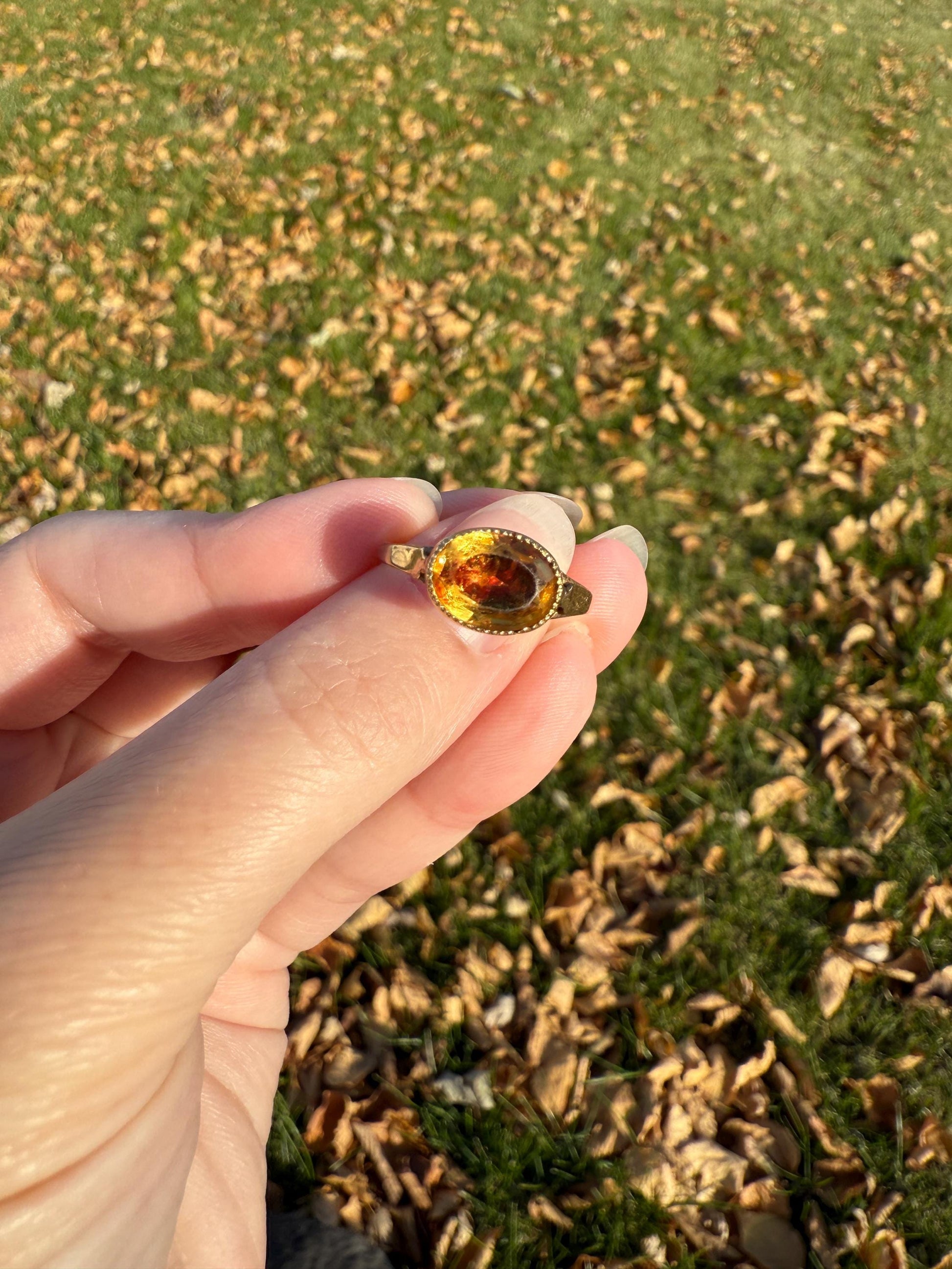 Original French Victorian Era Citrine East West Solitaire Ring 18k Gold Yellow "Vinegar & Oil" Red Foil Domed Back Unique Color Bezel Set