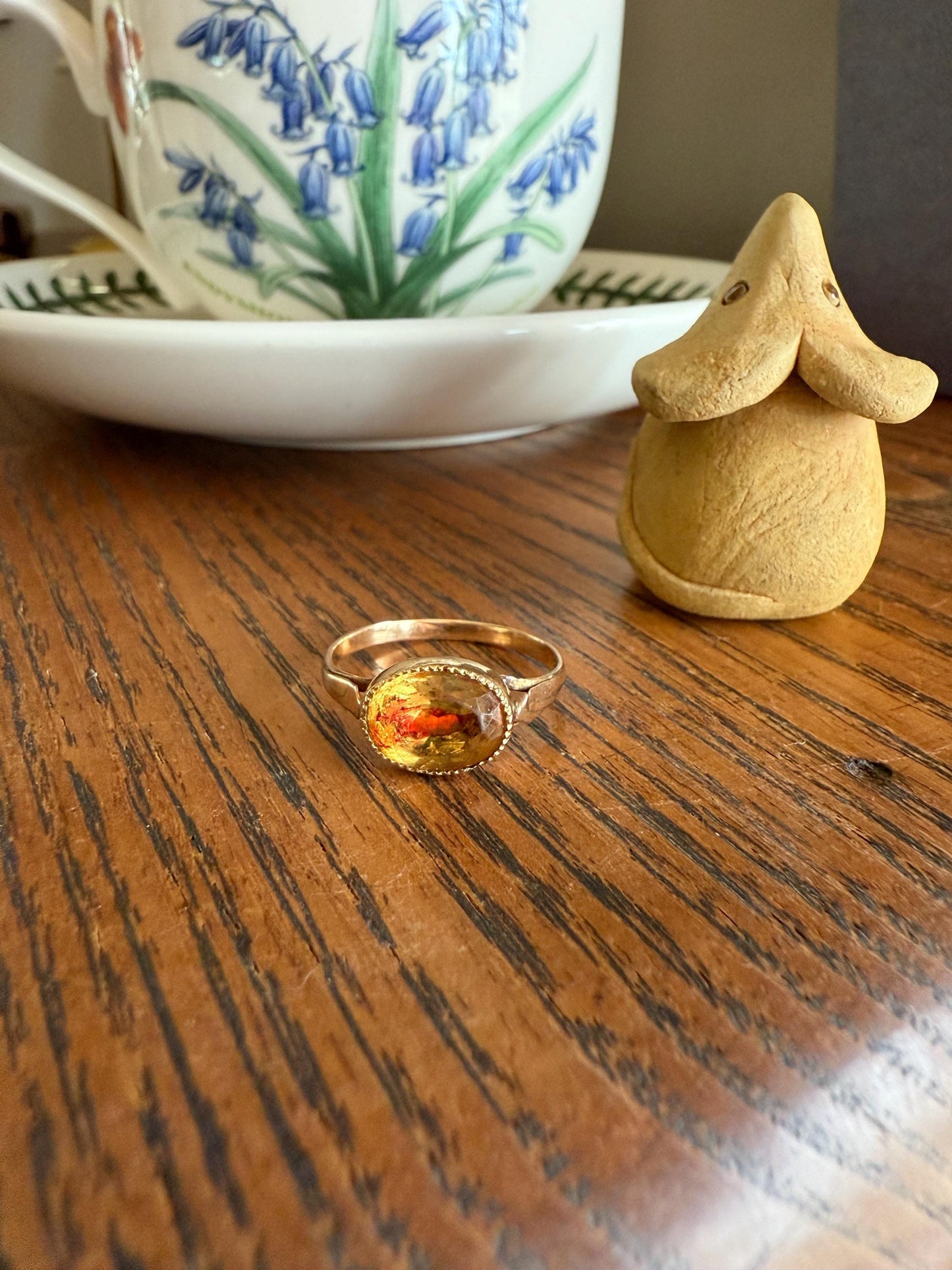 Original French Victorian Era Citrine East West Solitaire Ring 18k Gold Yellow "Vinegar & Oil" Red Foil Domed Back Unique Color Bezel Set