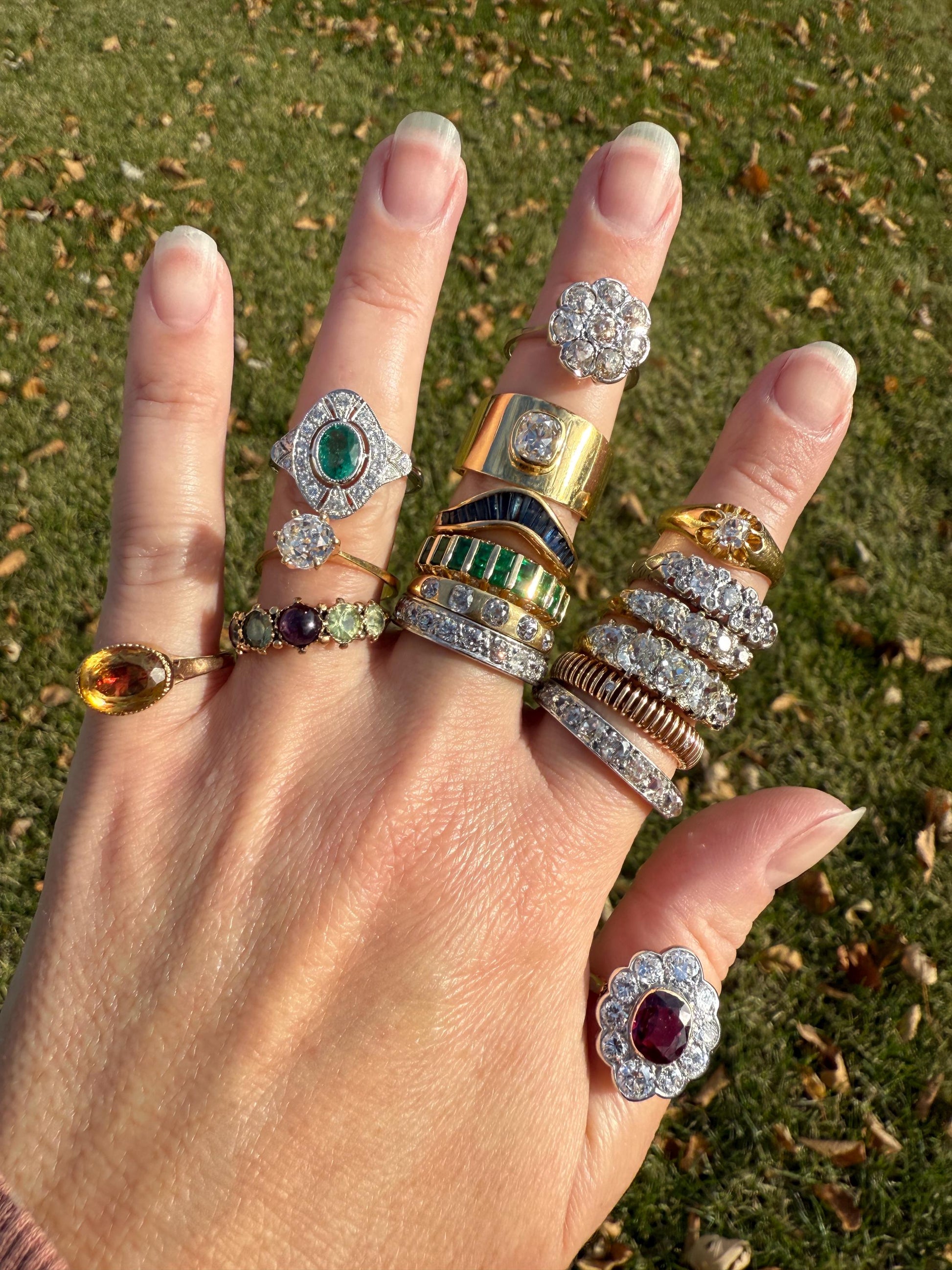 Unique Antique Georgian to Victorian Five Stone Old Cut Green Chrysoberyl & Cabochon Amethyst Stacker Band 18k Gold Ring Foiled Suffragette