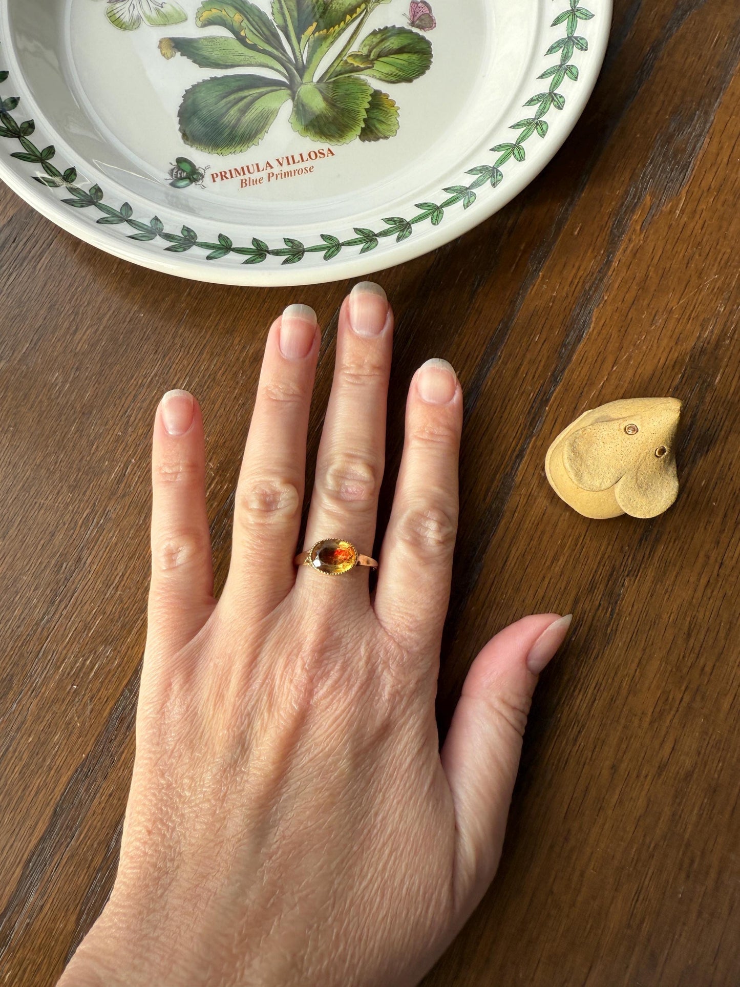 Original French Victorian Era Citrine East West Solitaire Ring 18k Gold Yellow "Vinegar & Oil" Red Foil Domed Back Unique Color Bezel Set