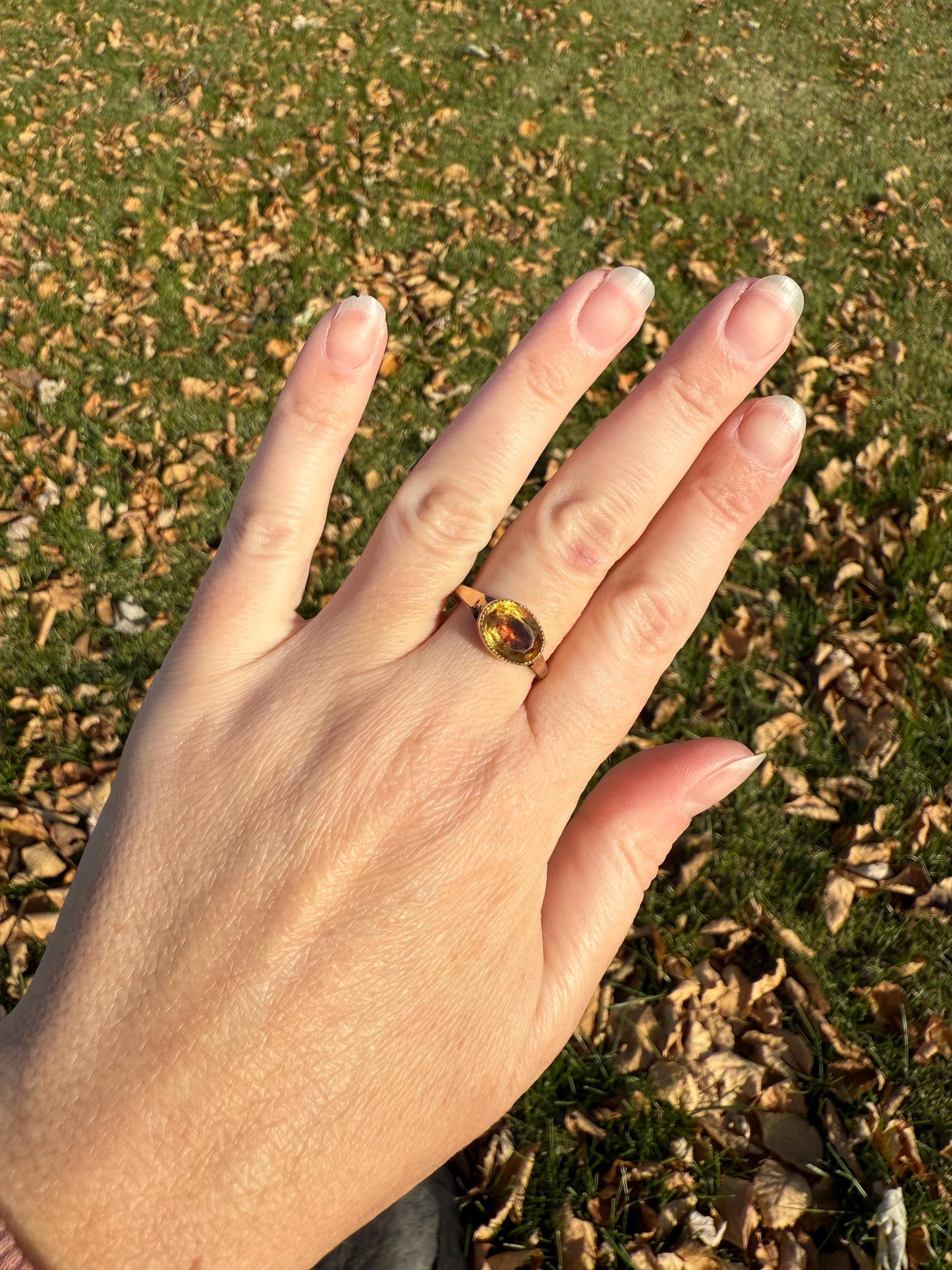 Original French Victorian Era Citrine East West Solitaire Ring 18k Gold Yellow "Vinegar & Oil" Red Foil Domed Back Unique Color Bezel Set