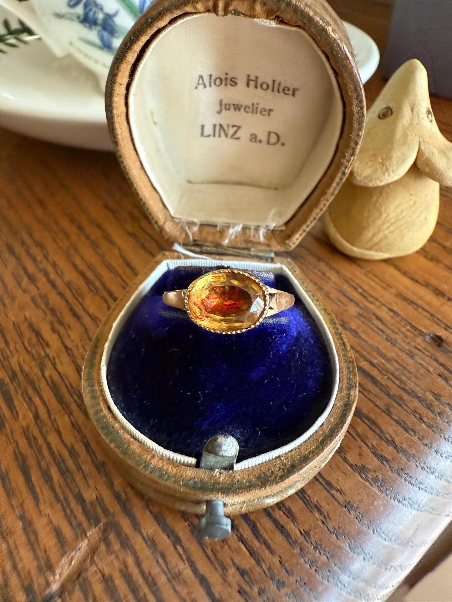 Original French Victorian Era Citrine East West Solitaire Ring 18k Gold Yellow "Vinegar & Oil" Red Foil Domed Back Unique Color Bezel Set