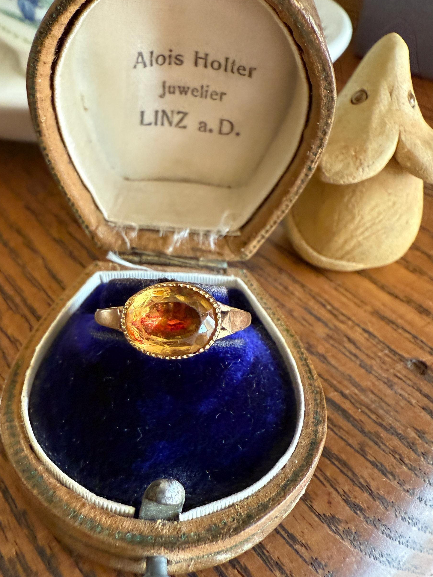 Original French Victorian Era Citrine East West Solitaire Ring 18k Gold Yellow "Vinegar & Oil" Red Foil Domed Back Unique Color Bezel Set