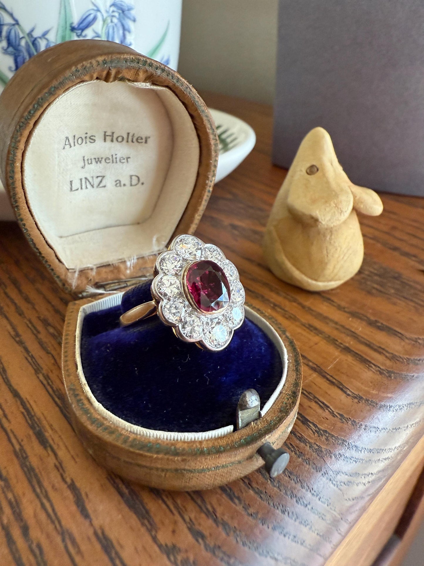 Natural RUBY Purplish Berry Red 2.2 CARATS Old European Cut DIAMOND Halo Ring 18k Gold Platinum Daisy Scalloped Elegant Classic