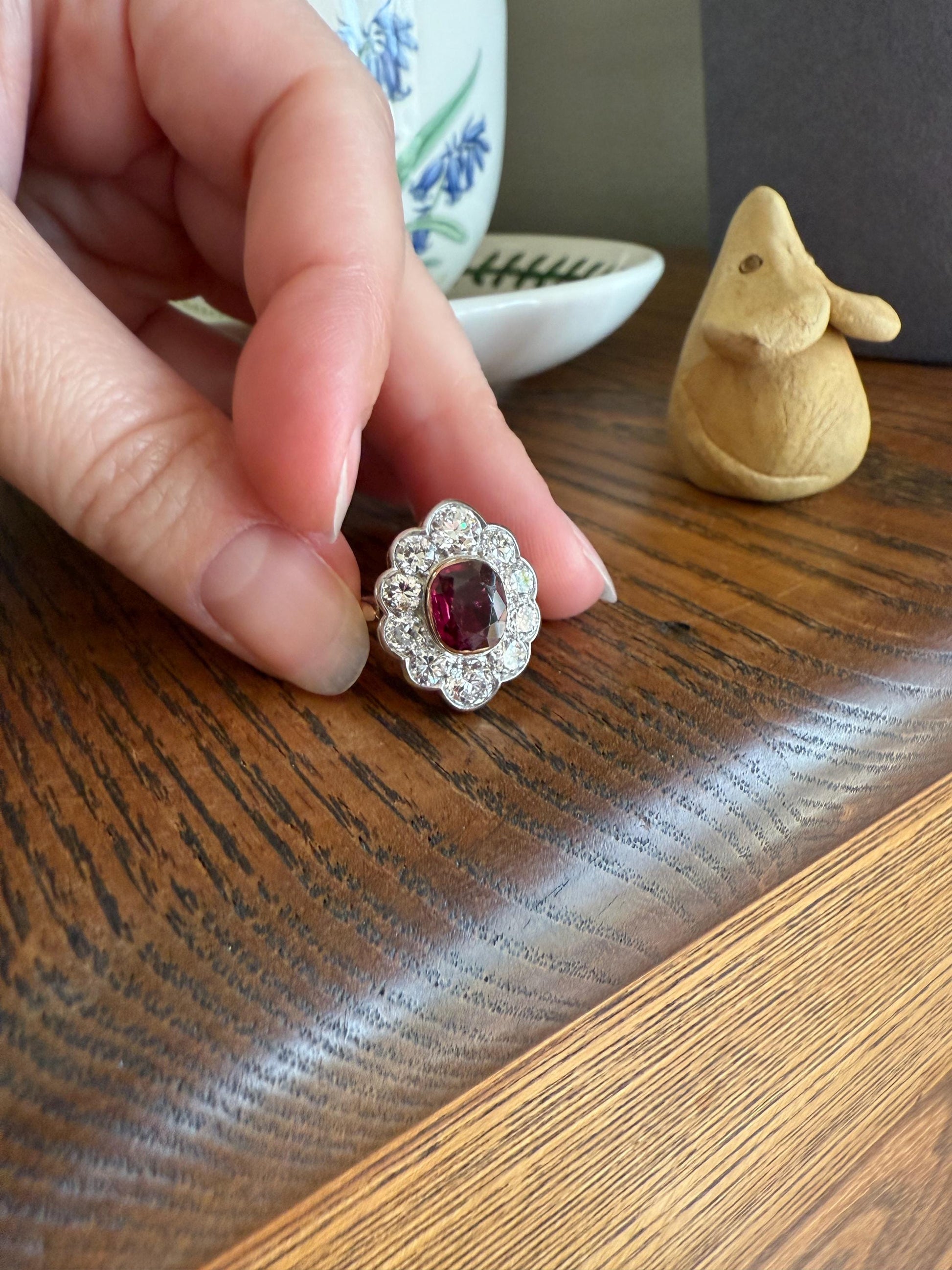 Natural RUBY Purplish Berry Red 2.2 CARATS Old European Cut DIAMOND Halo Ring 18k Gold Platinum Daisy Scalloped Elegant Classic