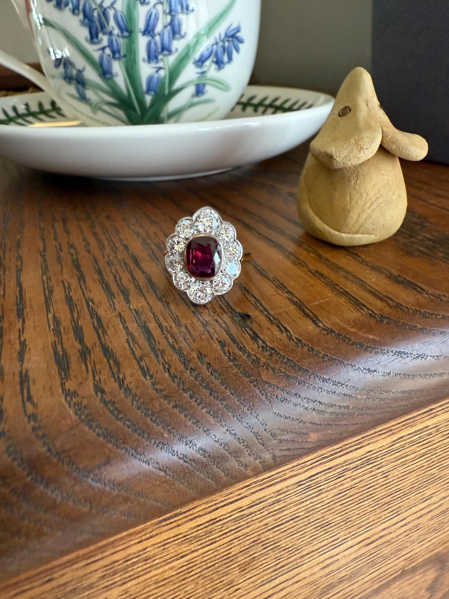 Natural RUBY Purplish Berry Red 2.2 CARATS Old European Cut DIAMOND Halo Ring 18k Gold Platinum Daisy Scalloped Elegant Classic