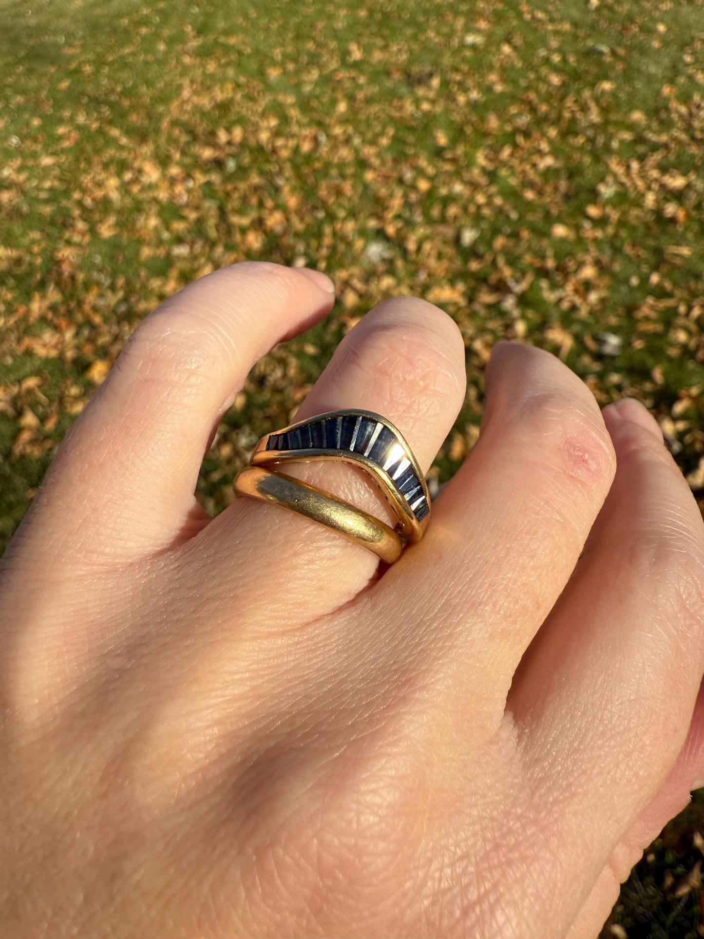 Chevron TIARA Tapered Baguette Trapezoid Cut Natural SAPPHIRES Blue Green Shimmer Vintage V Ring Stacker Wide Band Channel Set Chunky Gift