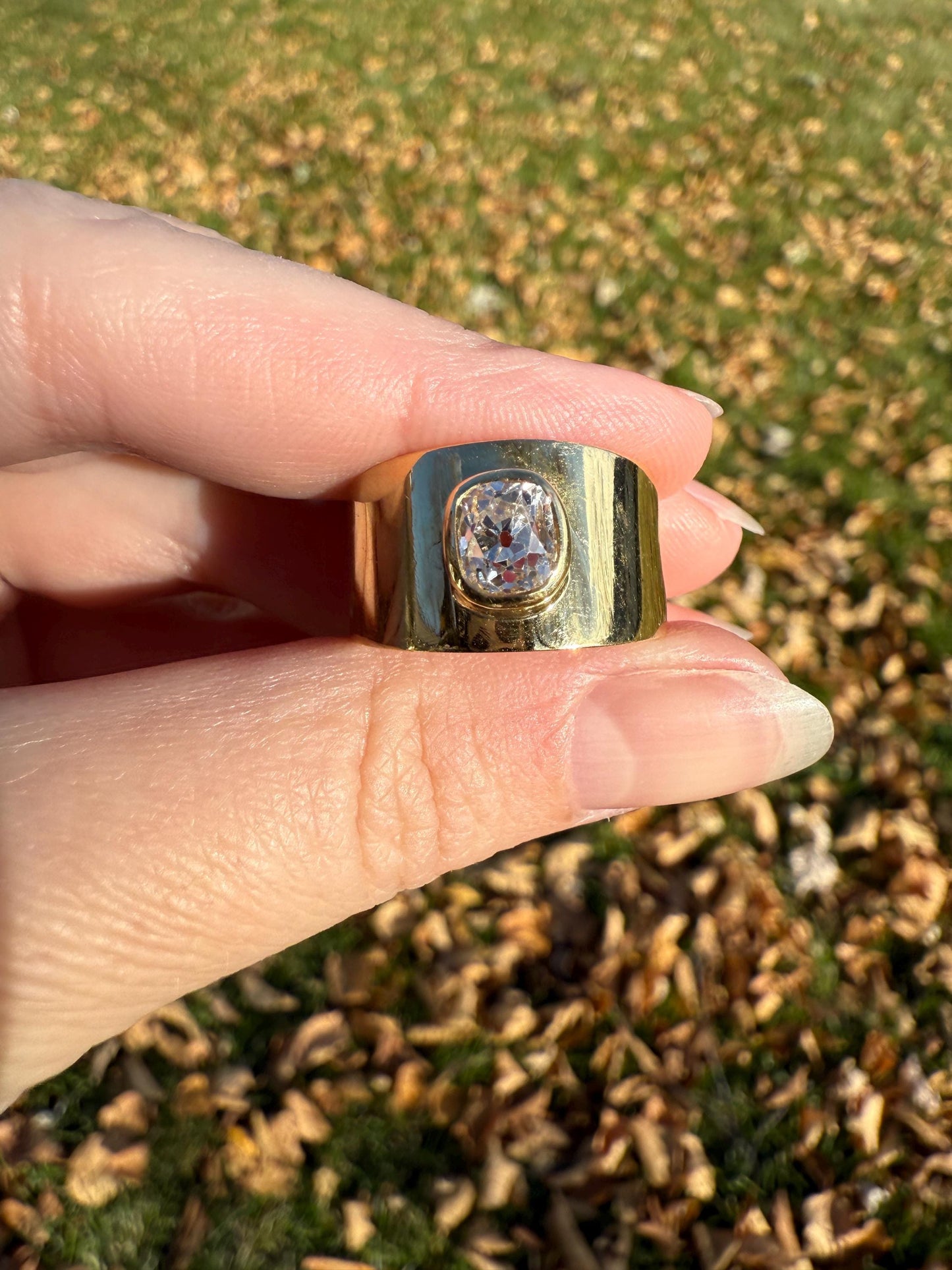 CHUNKY 1 Carat Old Mine Cut DIAMOND X Wide Cigar Band 8.5g 18k Gold Solid Ring Stacker Bezel Set Solitaire Sturdy Tapered Shimmer