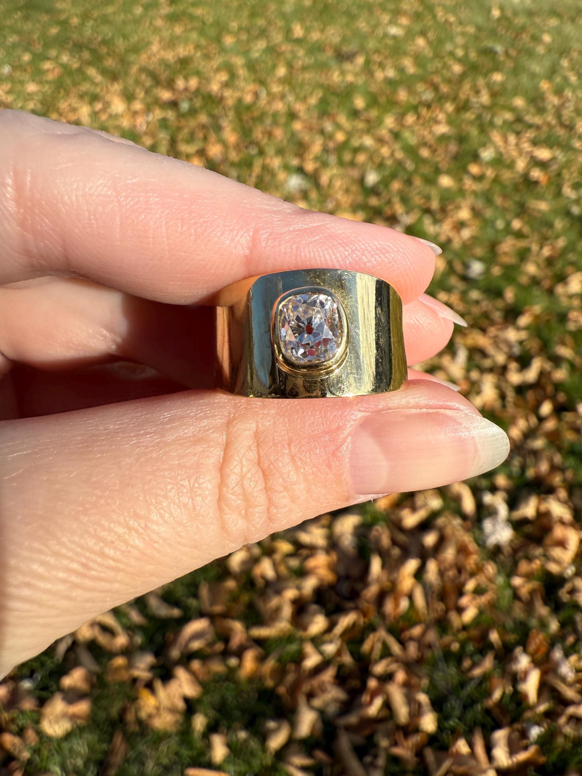 CHUNKY 1 Carat Old Mine Cut DIAMOND X Wide Cigar Band 8.5g 18k Gold Solid Ring Stacker Bezel Set Solitaire Sturdy Tapered Shimmer