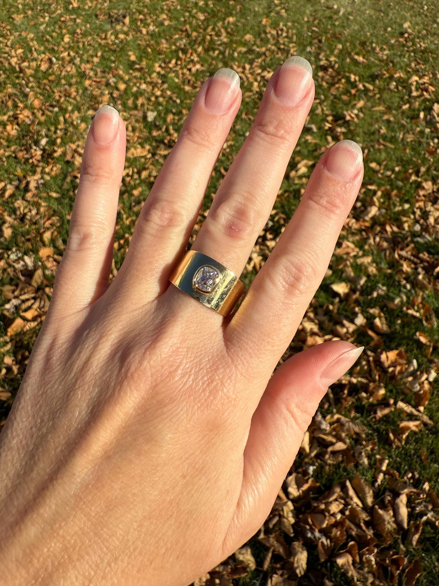 CHUNKY 1 Carat Old Mine Cut DIAMOND X Wide Cigar Band 8.5g 18k Gold Solid Ring Stacker Bezel Set Solitaire Sturdy Tapered Shimmer