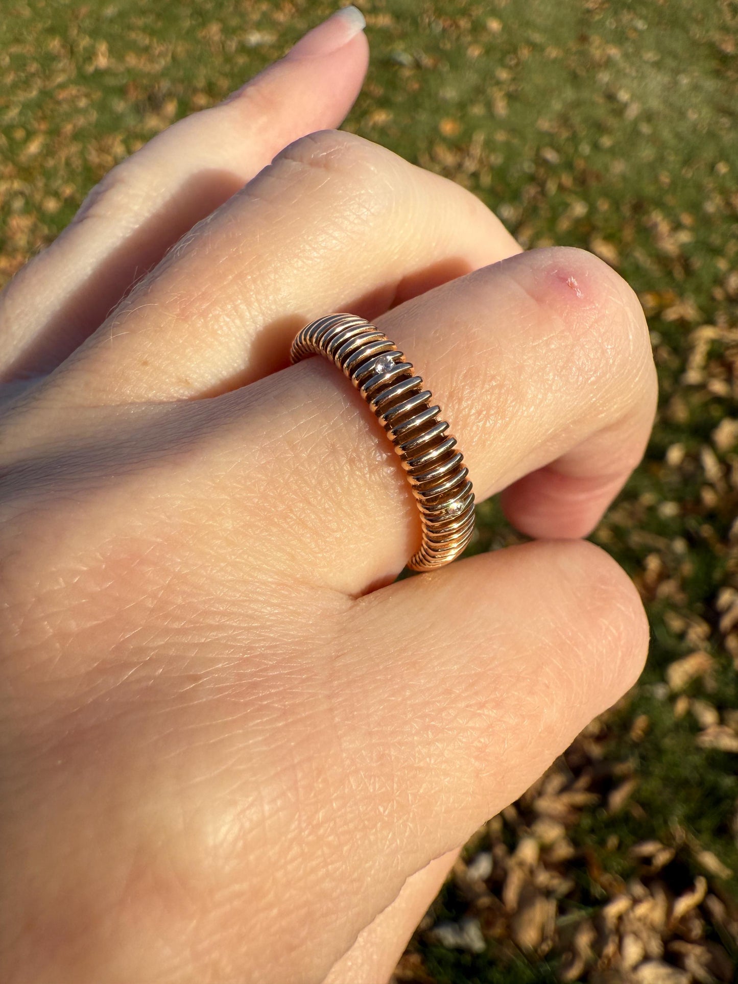 Coiled "Spring" Diamond Comfort Fit DONUT Band 4.1g 18k Rose Gold Vintage Textured Stacker Wedding Eternity Ring Chunky Tube Ribbed Retro