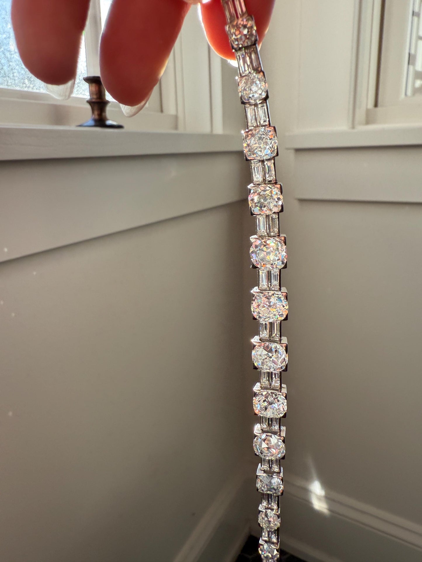 Art Deco 22 CARAT Old Mine Cut DIAMOND Baguette Spacers Tennis Line Bracelet Boxed French Antique 18k White Gold Wriststack OMC Eye Clean