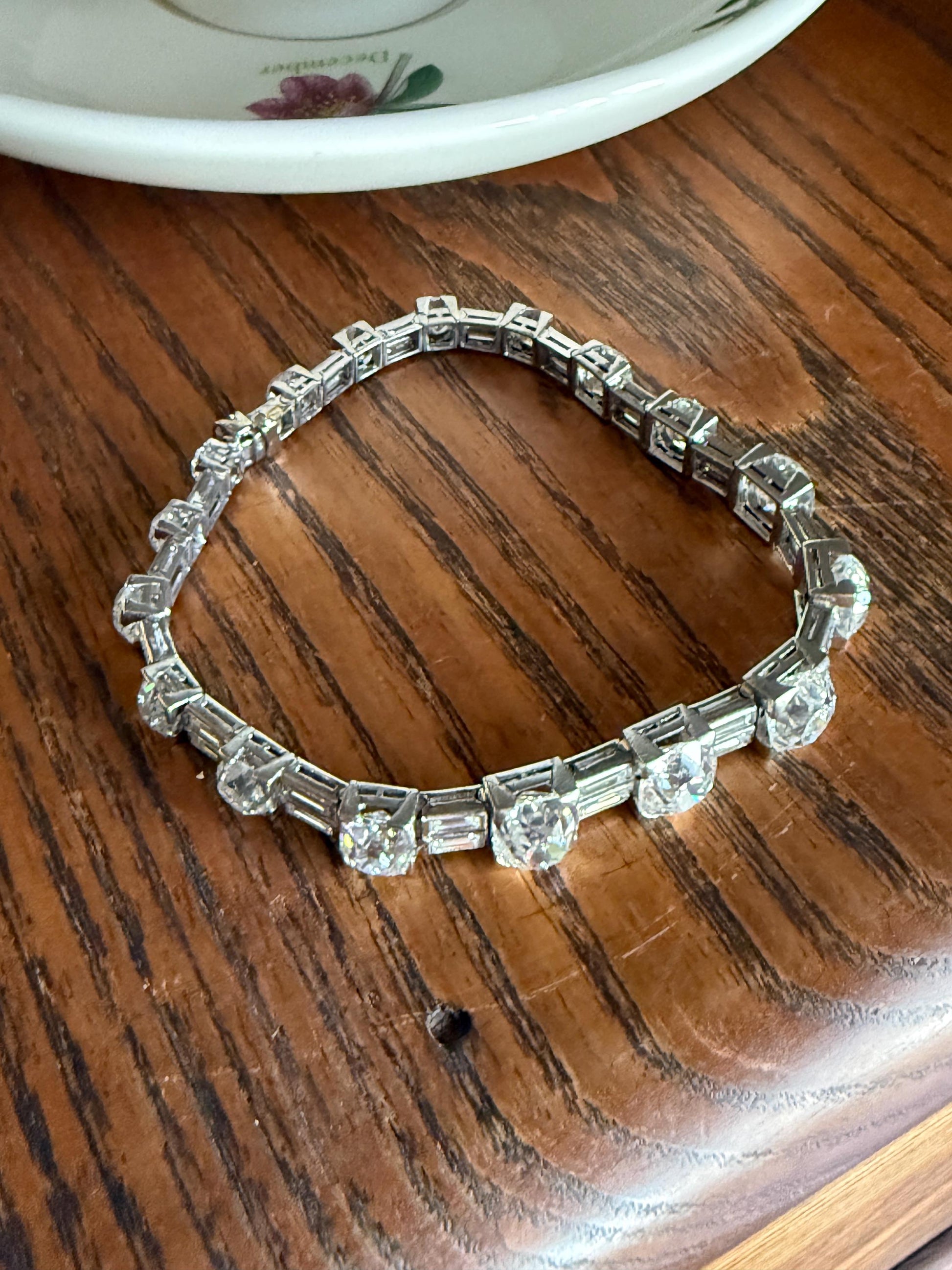 Art Deco 22 CARAT Old Mine Cut DIAMOND Baguette Spacers Tennis Line Bracelet Boxed French Antique 18k White Gold Wriststack OMC Eye Clean