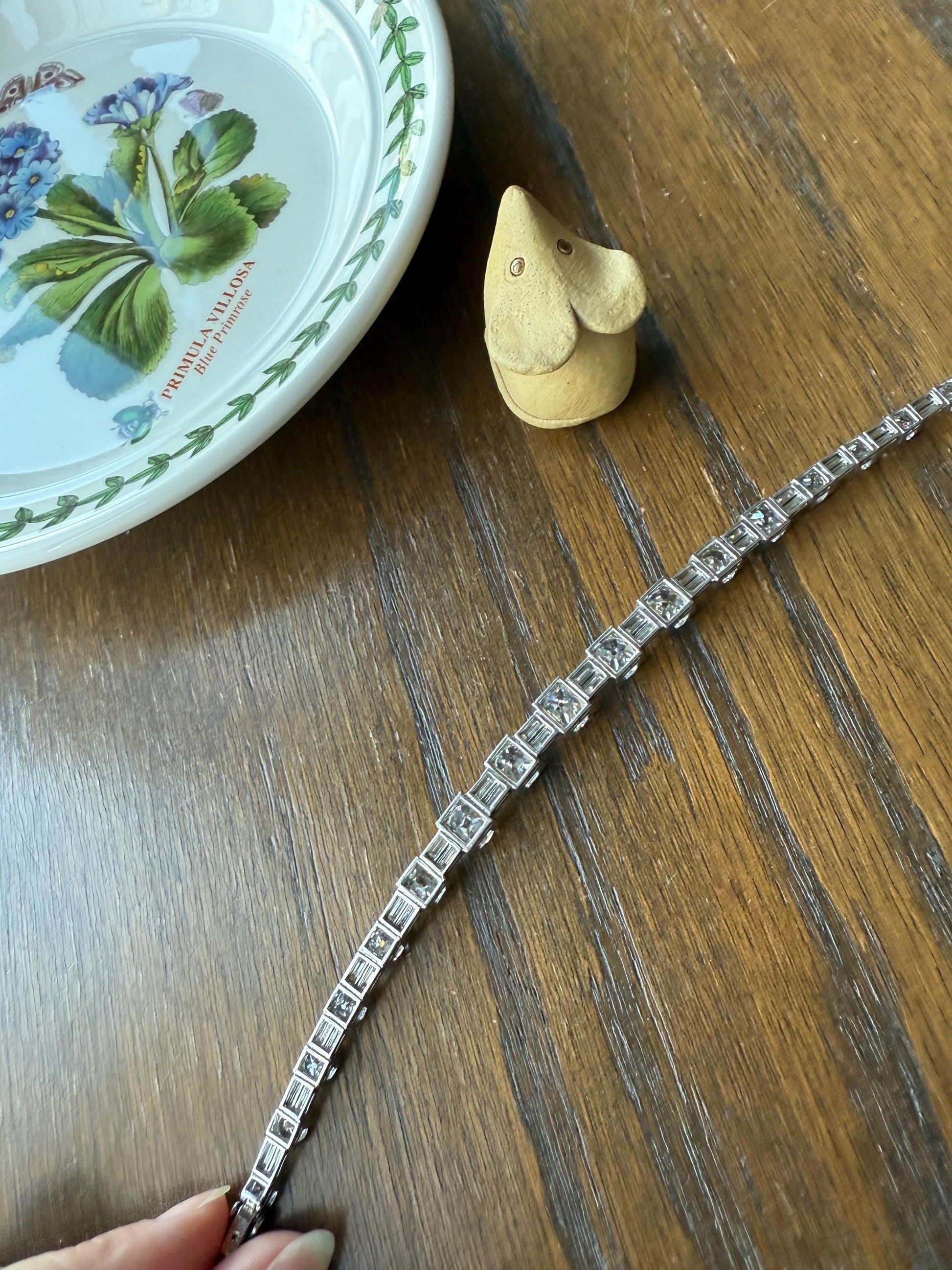 Art Deco 22 CARAT Old Mine Cut DIAMOND Baguette Spacers Tennis Line Bracelet Boxed French Antique 18k White Gold Wriststack OMC Eye Clean