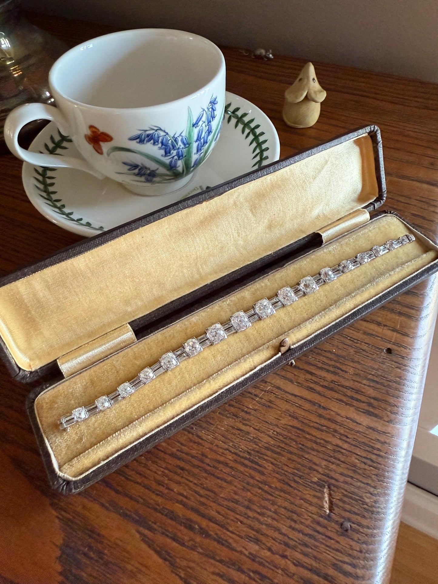 Art Deco 22 CARAT Old Mine Cut DIAMOND Baguette Spacers Tennis Line Bracelet Boxed French Antique 18k White Gold Wriststack OMC Eye Clean