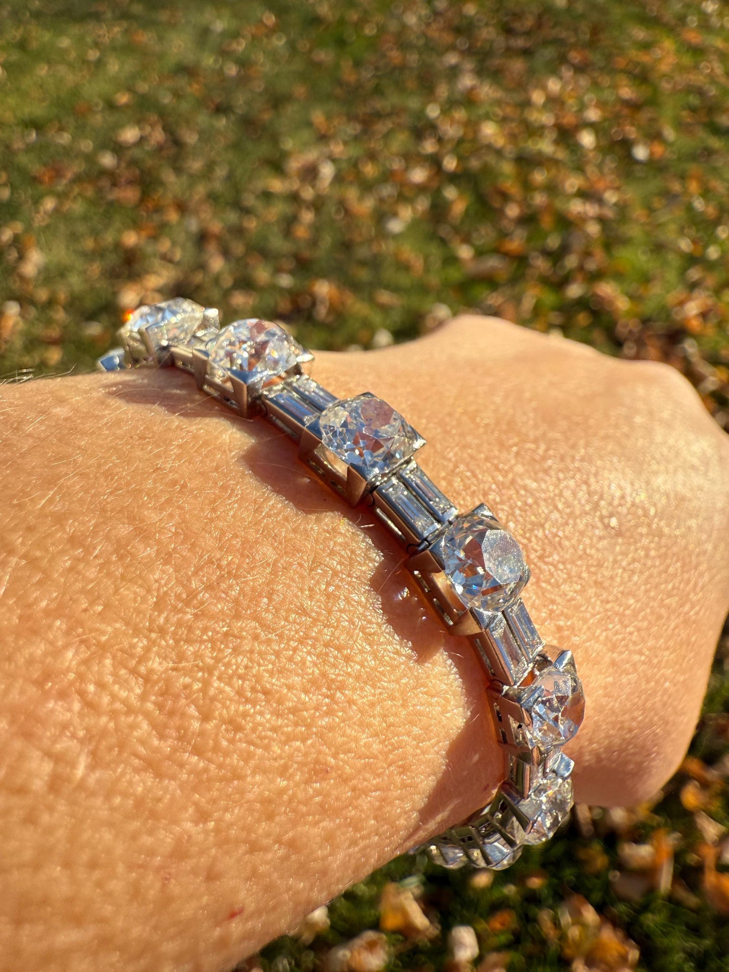 Art Deco 22 CARAT Old Mine Cut DIAMOND Baguette Spacers Tennis Line Bracelet Boxed French Antique 18k White Gold Wriststack OMC Eye Clean