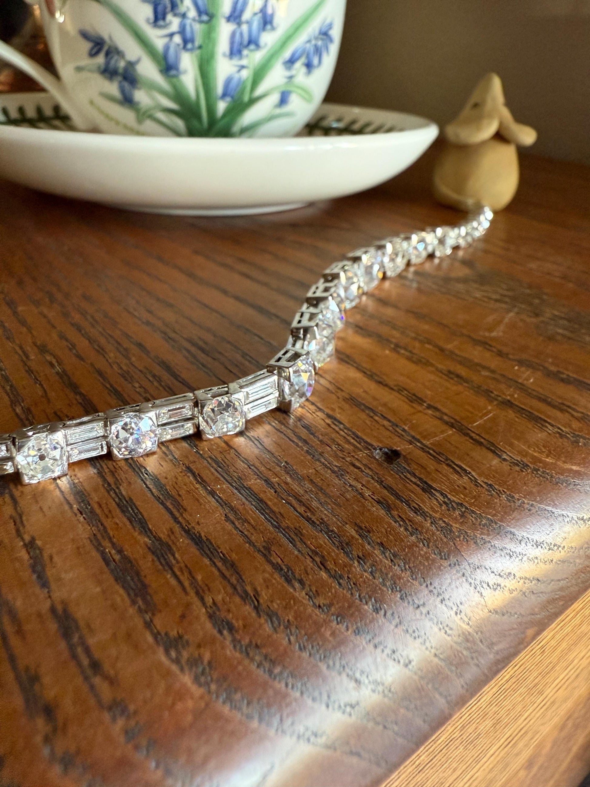 Art Deco 22 CARAT Old Mine Cut DIAMOND Baguette Spacers Tennis Line Bracelet Boxed French Antique 18k White Gold Wriststack OMC Eye Clean