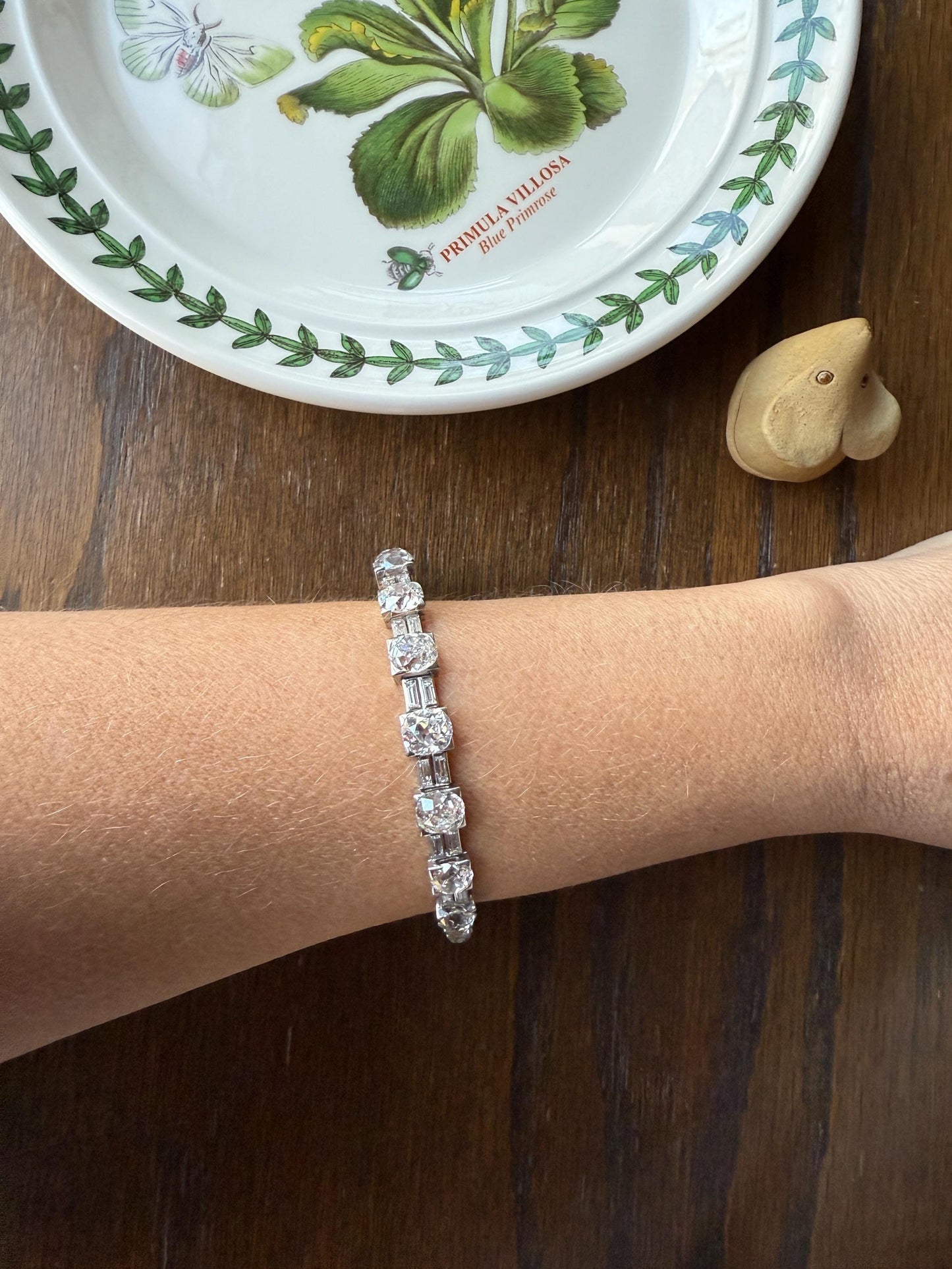 Art Deco 22 CARAT Old Mine Cut DIAMOND Baguette Spacers Tennis Line Bracelet Boxed French Antique 18k White Gold Wriststack OMC Eye Clean