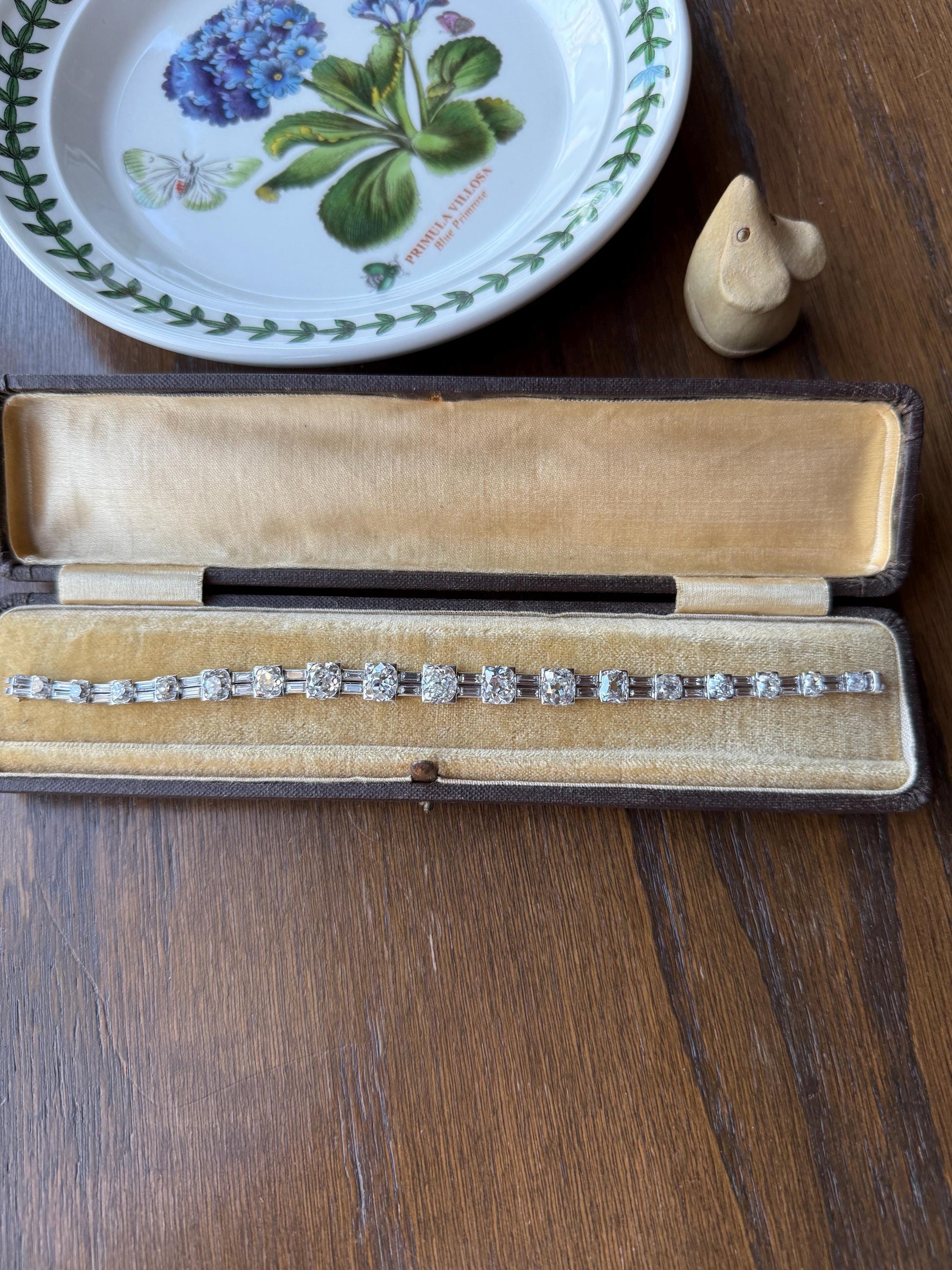 Art Deco 22 CARAT Old Mine Cut DIAMOND Baguette Spacers Tennis Line Bracelet Boxed French Antique 18k White Gold Wriststack OMC Eye Clean