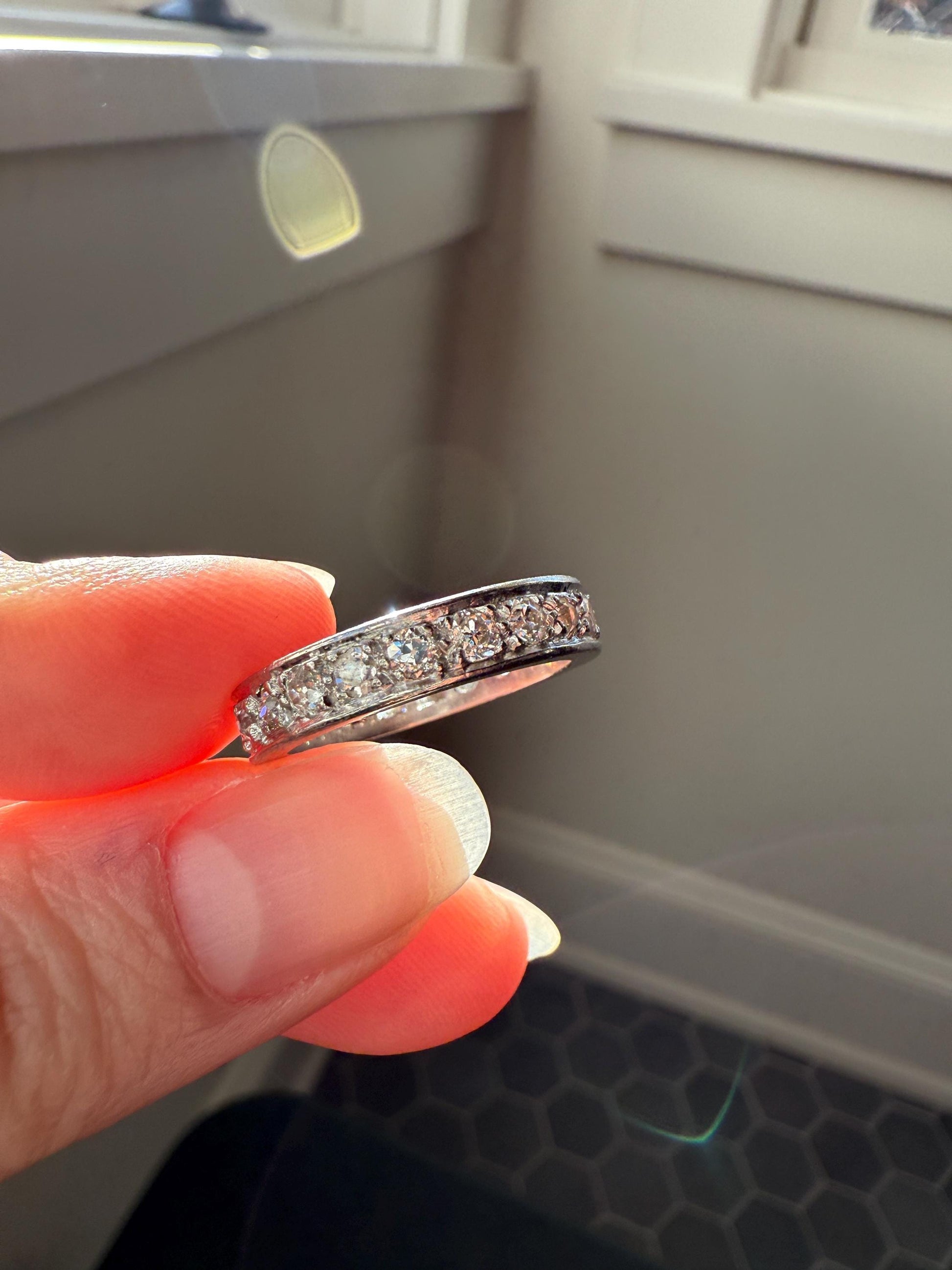 FRENCH Antique Edwardian Art Deco 1.6 Carat 20 Old Mine European Cut DiAMOND Platinum FuLL ETERNITY Band Ring Wedding 1.6Ctw Tdw OMC Stacker