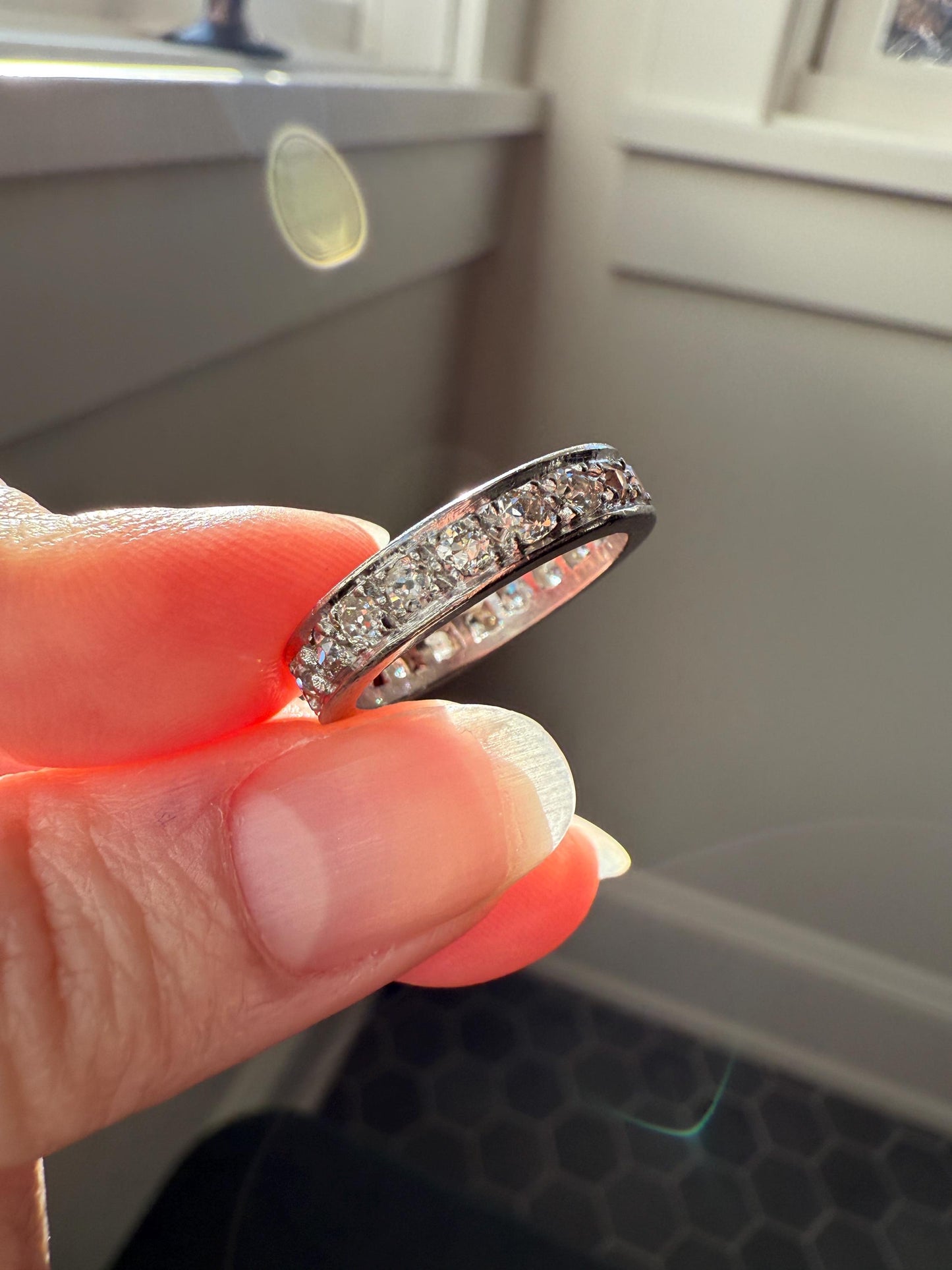 FRENCH Antique Edwardian Art Deco 1.6 Carat 20 Old Mine European Cut DiAMOND Platinum FuLL ETERNITY Band Ring Wedding 1.6Ctw Tdw OMC Stacker