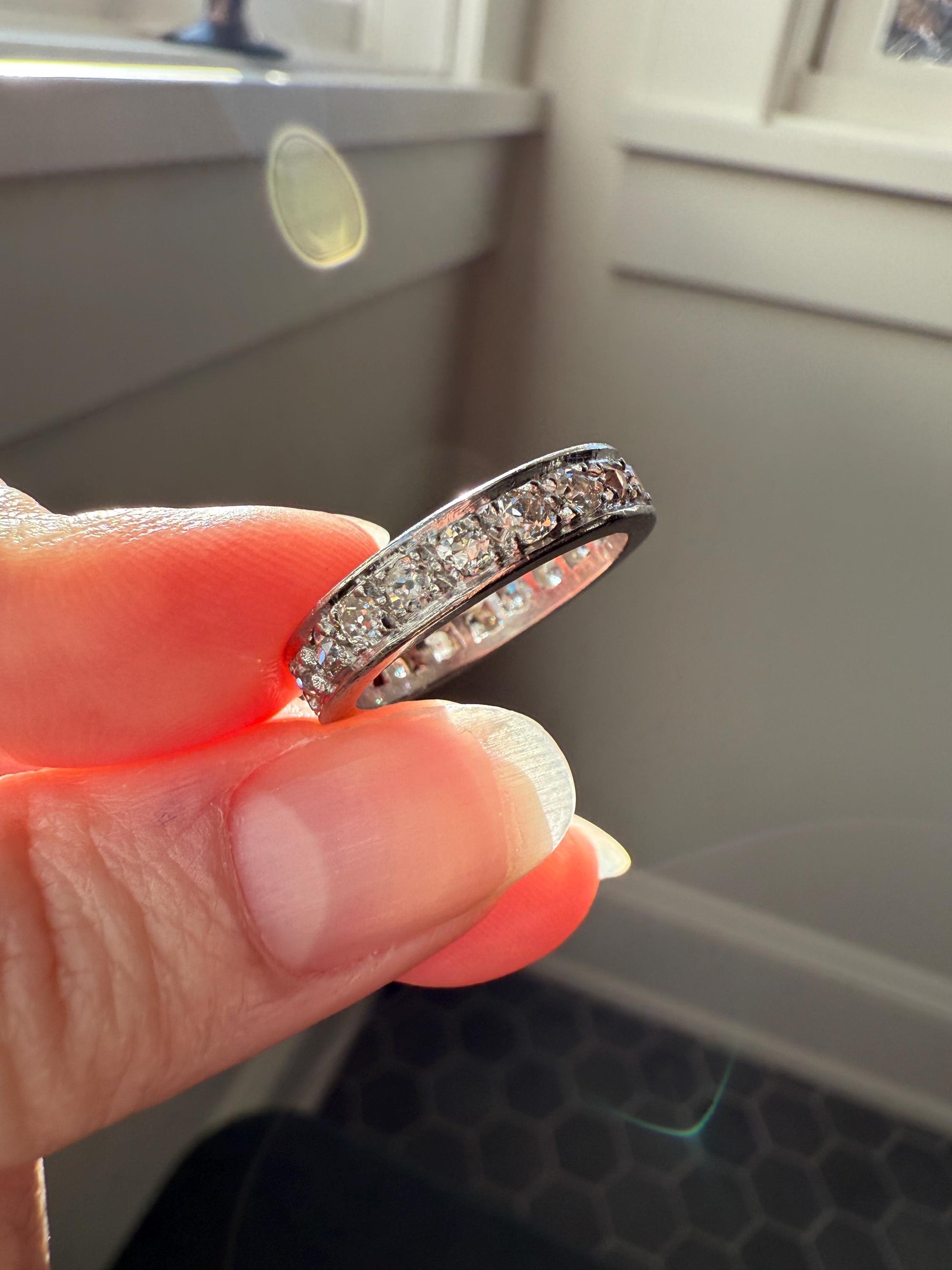 FRENCH Antique Edwardian Art Deco 1.6 Carat 20 Old Mine European Cut DiAMOND Platinum FuLL ETERNITY Band Ring Wedding 1.6Ctw Tdw OMC Stacker