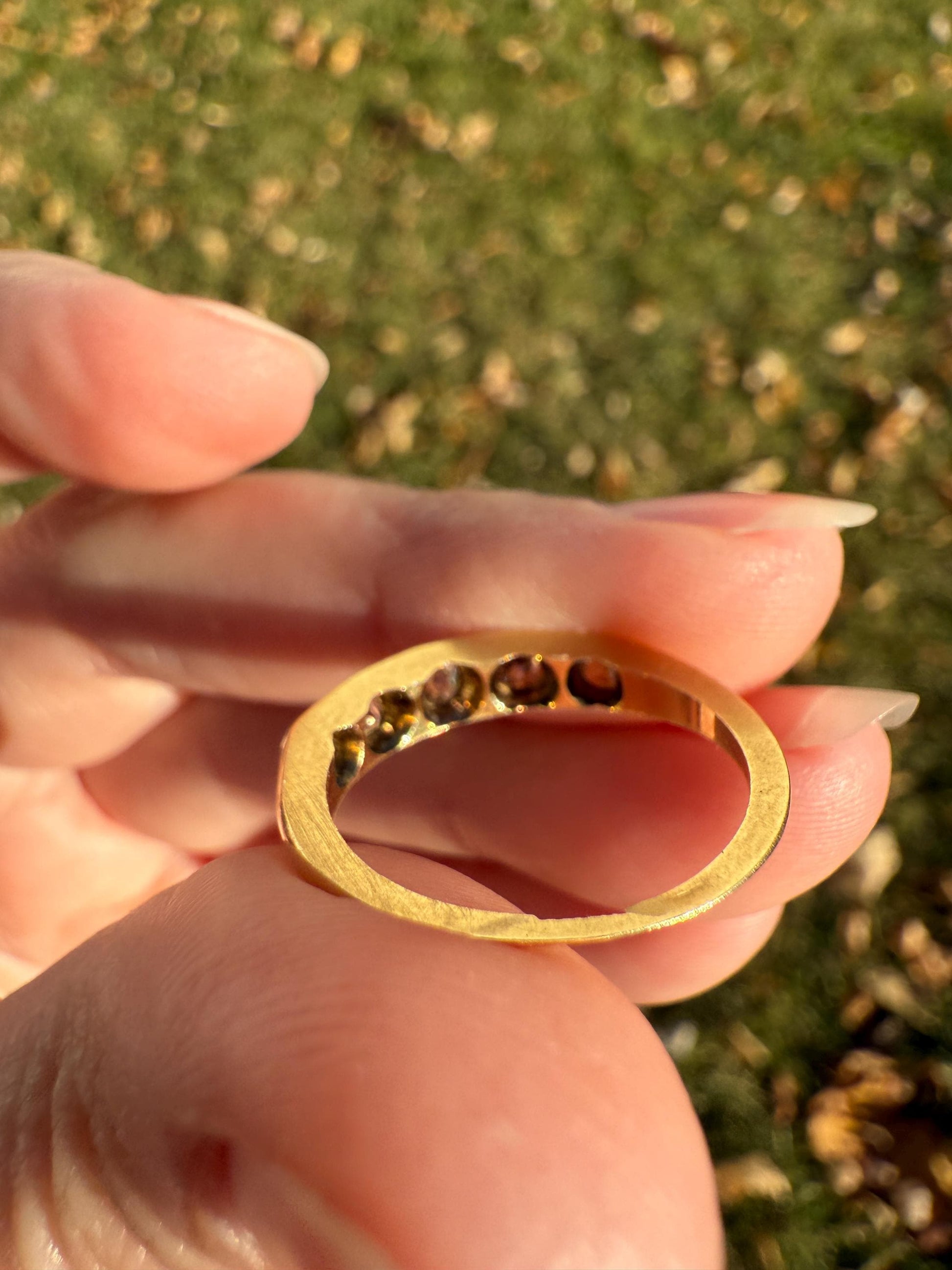 Antique Five Stone 0.7 Carat Old Mine Cut DIAMOND 18k Gold Solid Skinny Stacker Band Flush Mount Flat Edge Sliced .7Ctw