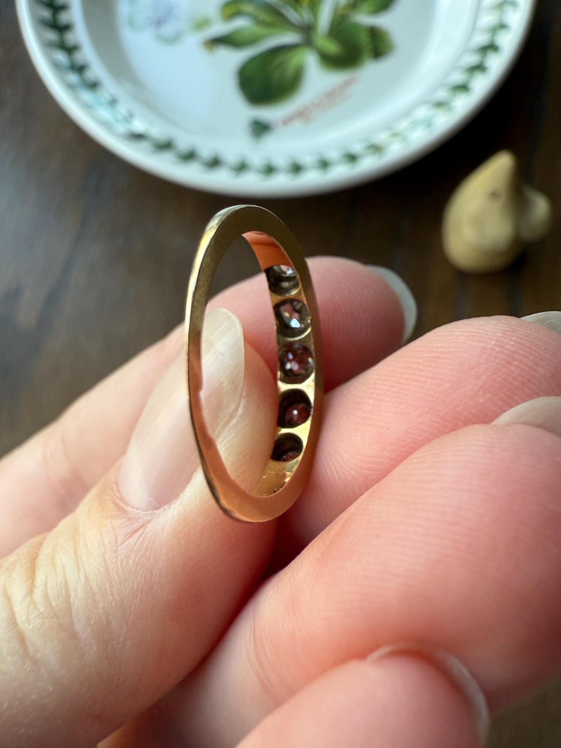 Antique Five Stone 0.7 Carat Old Mine Cut DIAMOND 18k Gold Solid Skinny Stacker Band Flush Mount Flat Edge Sliced .7Ctw