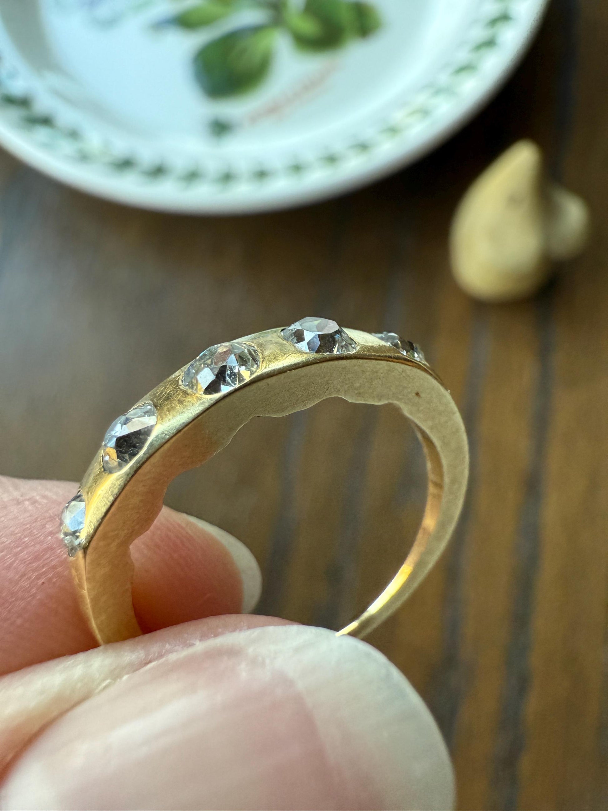 Antique Five Stone 0.7 Carat Old Mine Cut DIAMOND 18k Gold Solid Skinny Stacker Band Flush Mount Flat Edge Sliced .7Ctw