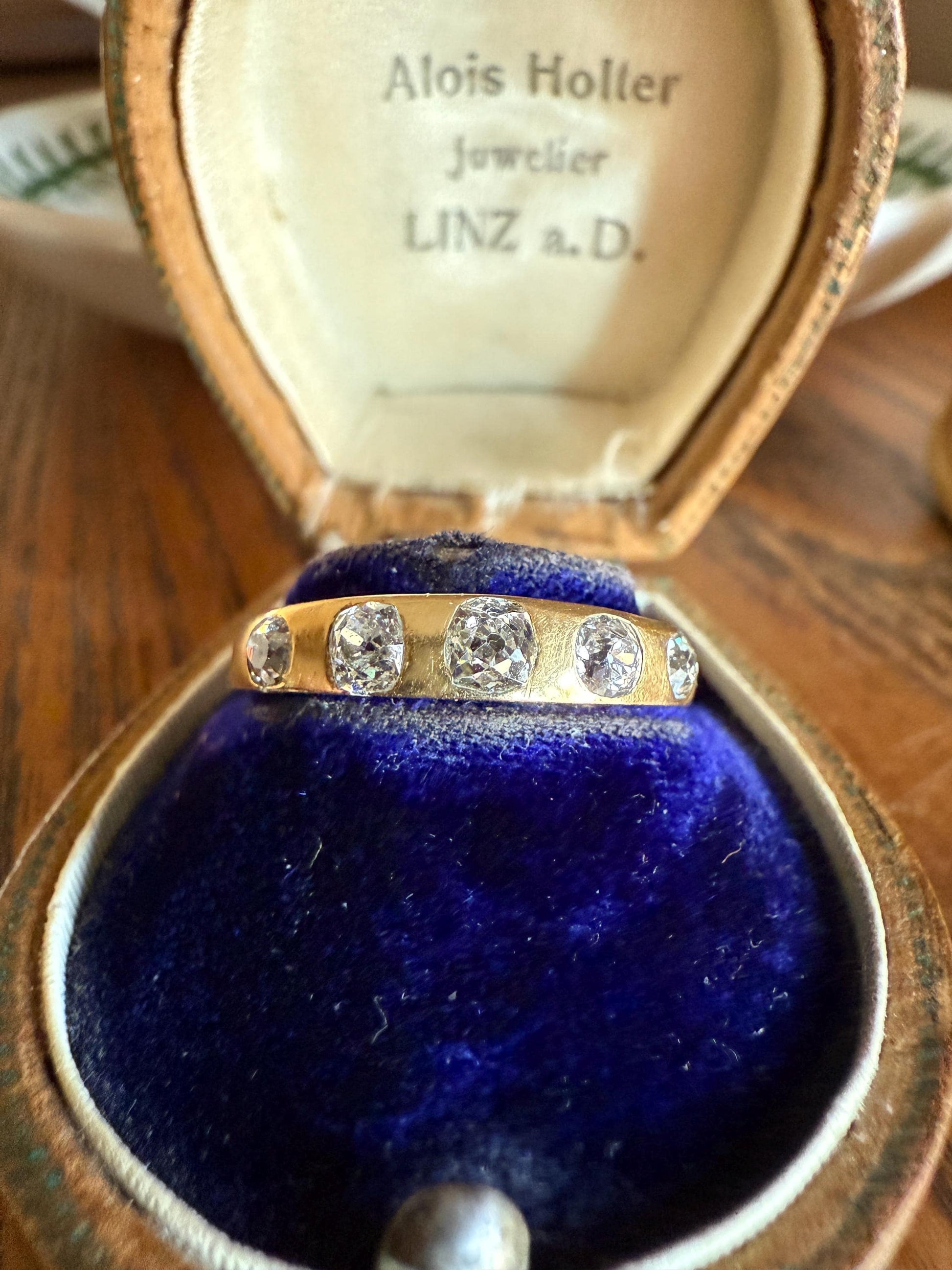 Antique Five Stone 0.7 Carat Old Mine Cut DIAMOND 18k Gold Solid Skinny Stacker Band Flush Mount Flat Edge Sliced .7Ctw