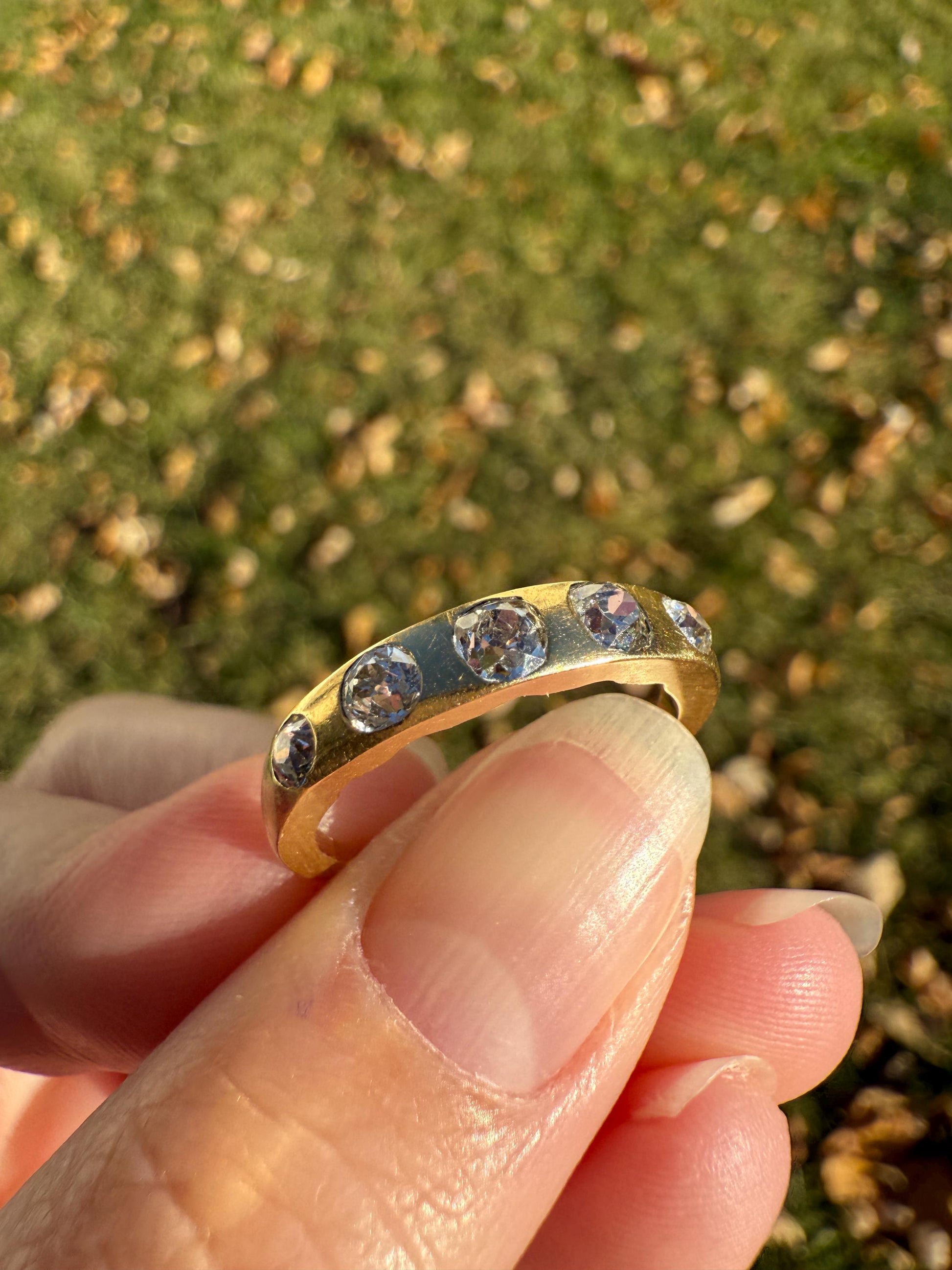 Antique Five Stone 0.7 Carat Old Mine Cut DIAMOND 18k Gold Solid Skinny Stacker Band Flush Mount Flat Edge Sliced .7Ctw