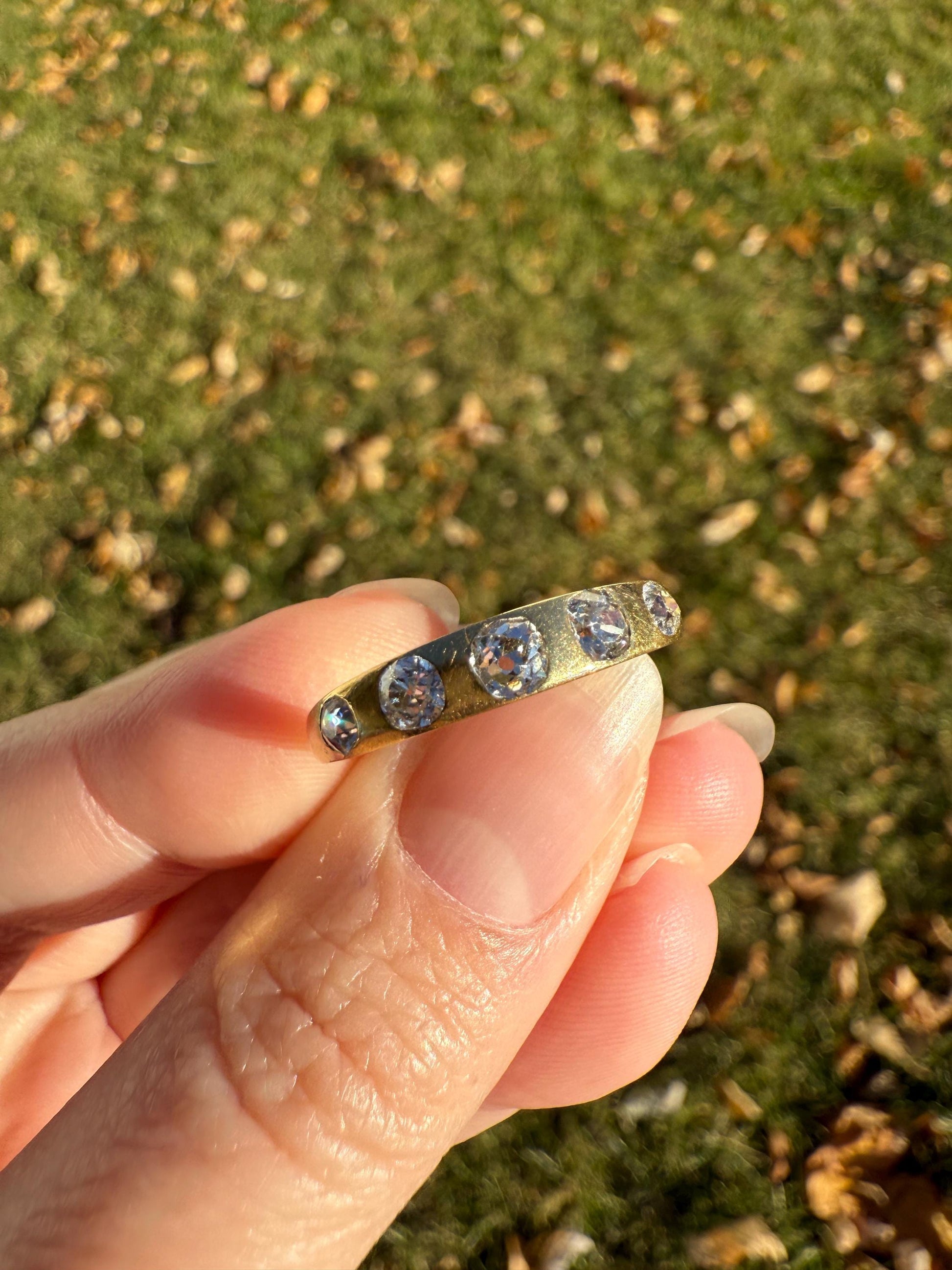 Antique Five Stone 0.7 Carat Old Mine Cut DIAMOND 18k Gold Solid Skinny Stacker Band Flush Mount Flat Edge Sliced .7Ctw