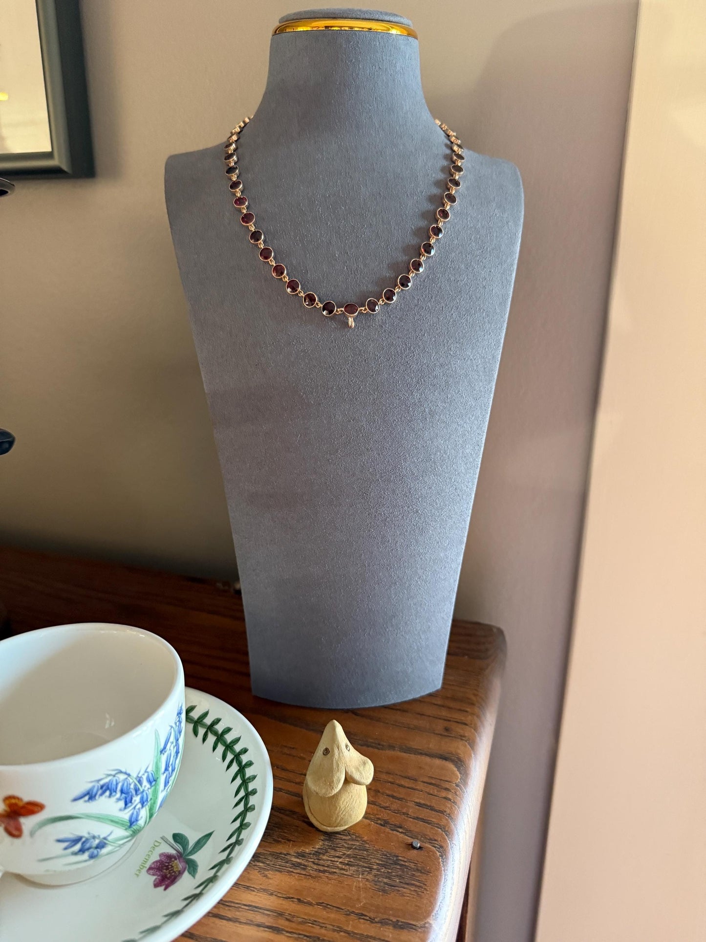 Almandine GARNET 46 Stone Riviera Station Chain 14k GOLD Necklace Vintage to Antique Romantic Gift Neckmess Neckstack Pendant Holder