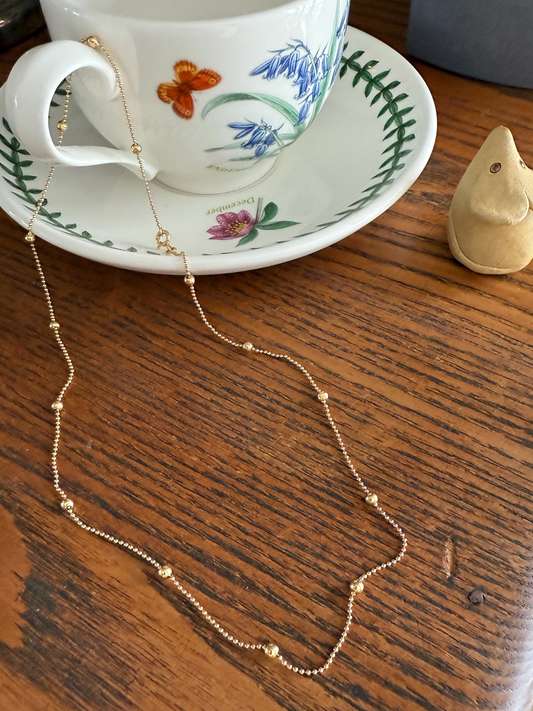 French Vintage Teeny Tiny Mini Bead 18k Gold Pearl 18" Chain Necklace Solid Ball Rivet Minimalist Layering Pendant Holder Shimmer Gift