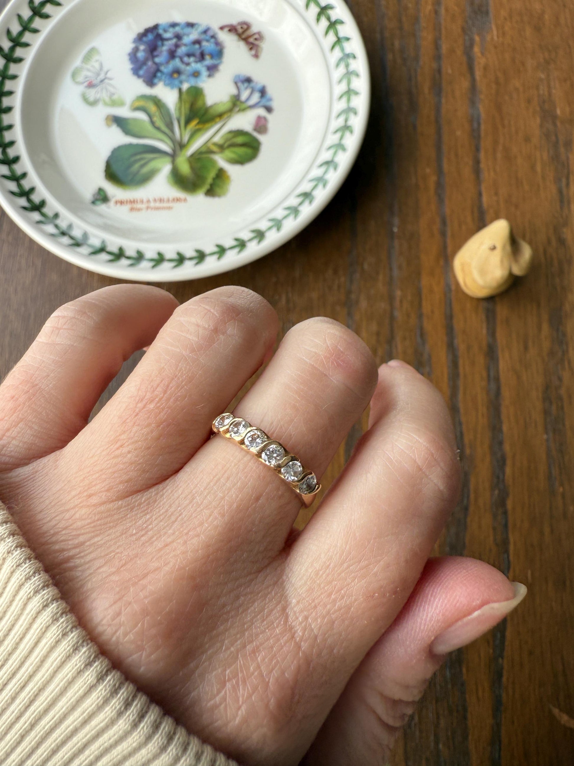 Vintage 18k Gold Solid Eye Clean .72 Carat Six Stone Older Brilliant Cut Diamond Stacker Band Ring Swirl Bezel